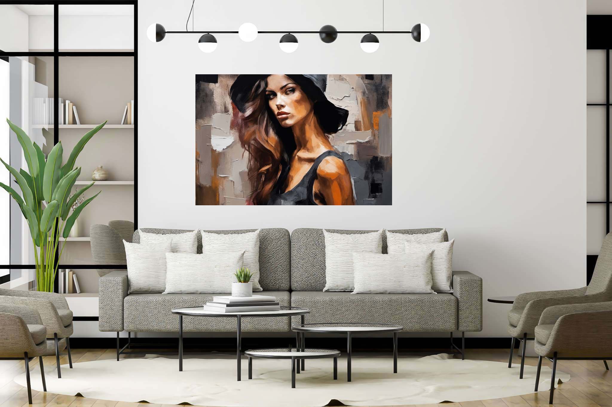 Silhouette of grace: Elegant woman art with elegant woman digital art, in a room with contemporary flair, wall hangings, and designer furniture. The art can be printed on poster, framed poster, canvas, metal, acrylic or wood, exclusively at WallArtZen. Find this exact print at https://wallartzen.com/waz150