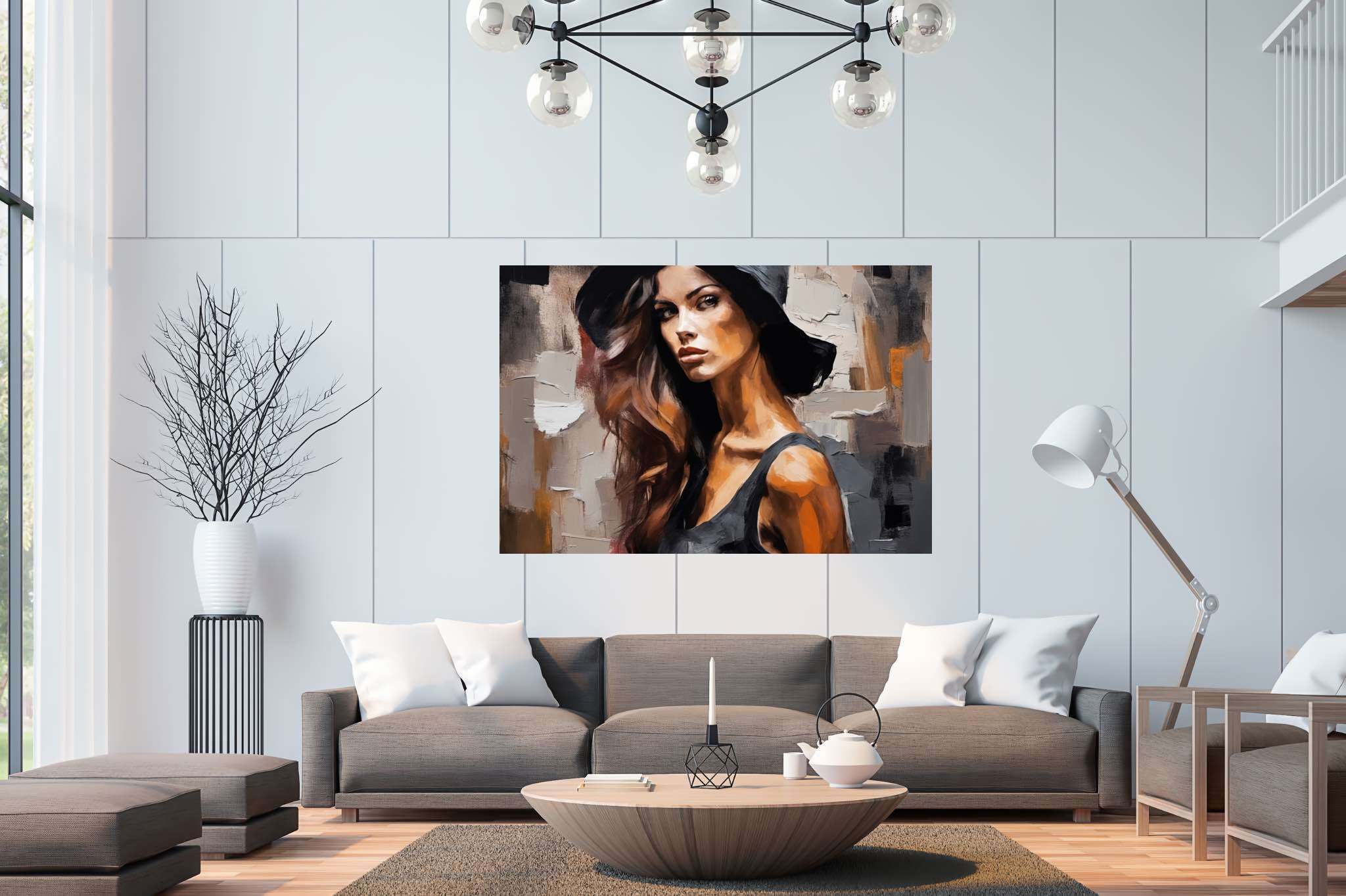 Silhouette of grace: Elegant woman art with sophisticated lady painting, in a room with urban design, mural artworks, and artisan decor. The art can be printed on poster, framed poster, canvas, metal, acrylic or wood, exclusively at WallArtZen. Find this exact print at https://wallartzen.com/waz150