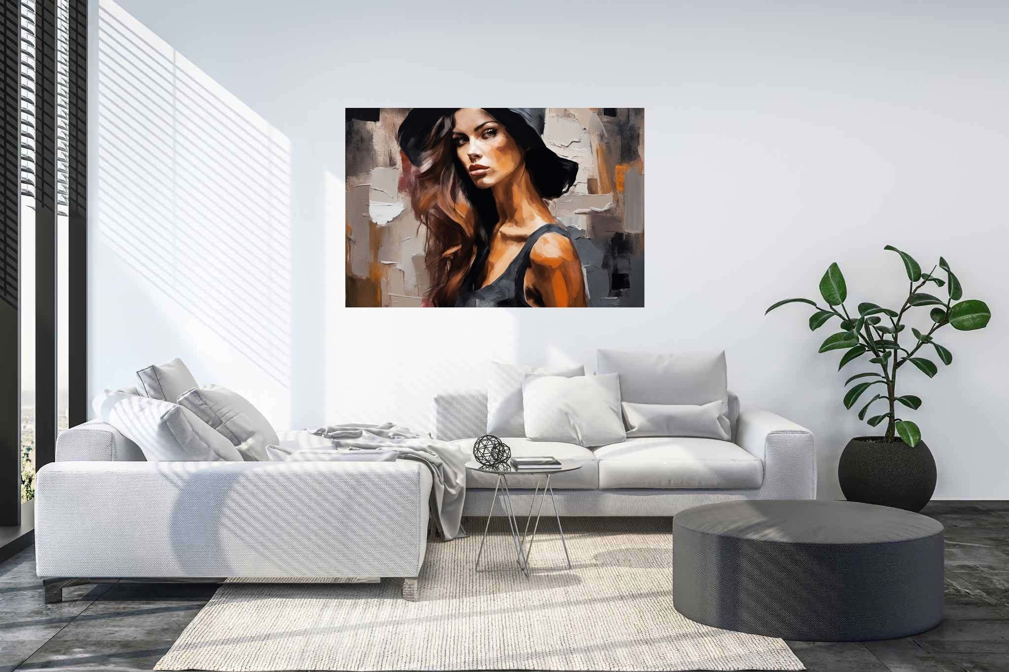 Silhouette of grace: Elegant woman art with stylish girl portrait, in a room with classic elegance, wall art, and decorative pieces. The art can be printed on poster, framed poster, canvas, metal, acrylic or wood, exclusively at WallArtZen. Find this exact print at https://wallartzen.com/waz150