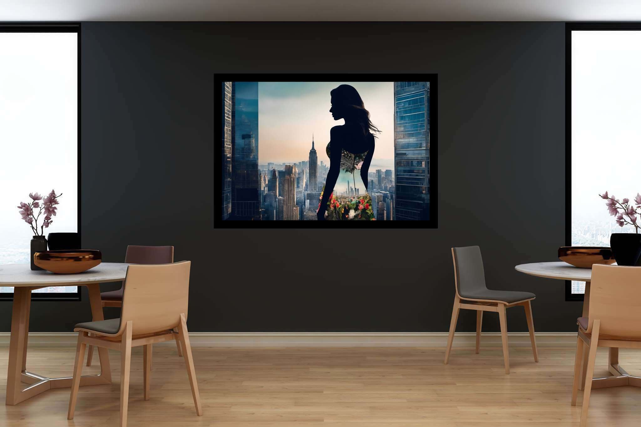 Urban dusk blooms: Silhouette art with artistic interpretation, in a room with elegant layout, framed art, and home furnishings. The art can be printed on poster, framed poster, canvas, metal, acrylic or wood, exclusively at WallArtZen. Find this exact print at https://wallartzen.com/waz152