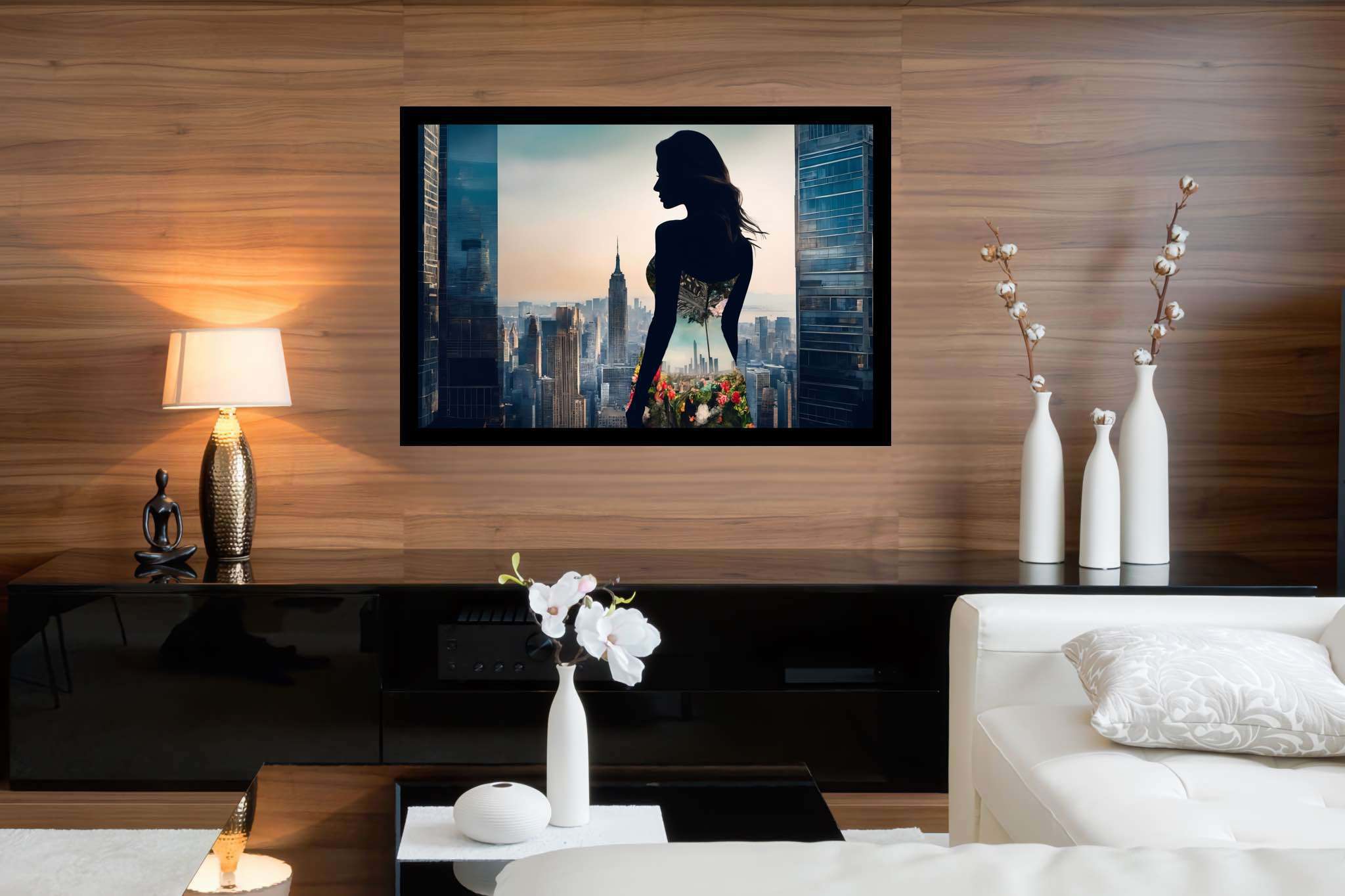 Urban dusk blooms: Silhouette art with abstract art, in a room with urban design, photographic wall art, and interior decorations. The art can be printed on poster, framed poster, canvas, metal, acrylic or wood, exclusively at WallArtZen. Find this exact print at https://wallartzen.com/waz152