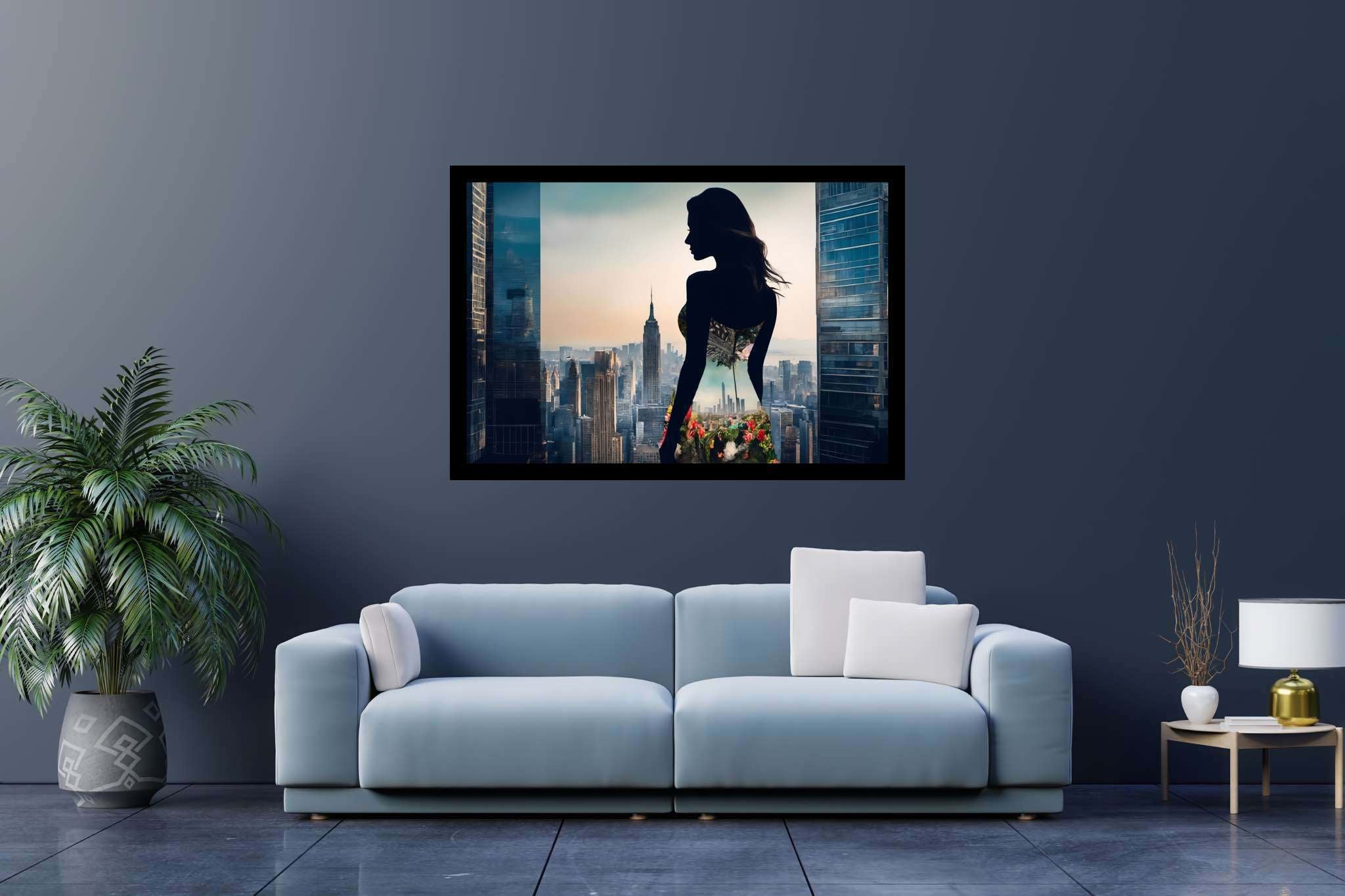 Urban dusk blooms: Silhouette art with minimalist art, in a room with elegant layout, abstract paintings, and trendy home accents. The art can be printed on poster, framed poster, canvas, metal, acrylic or wood, exclusively at WallArtZen. Find this exact print at https://wallartzen.com/waz152