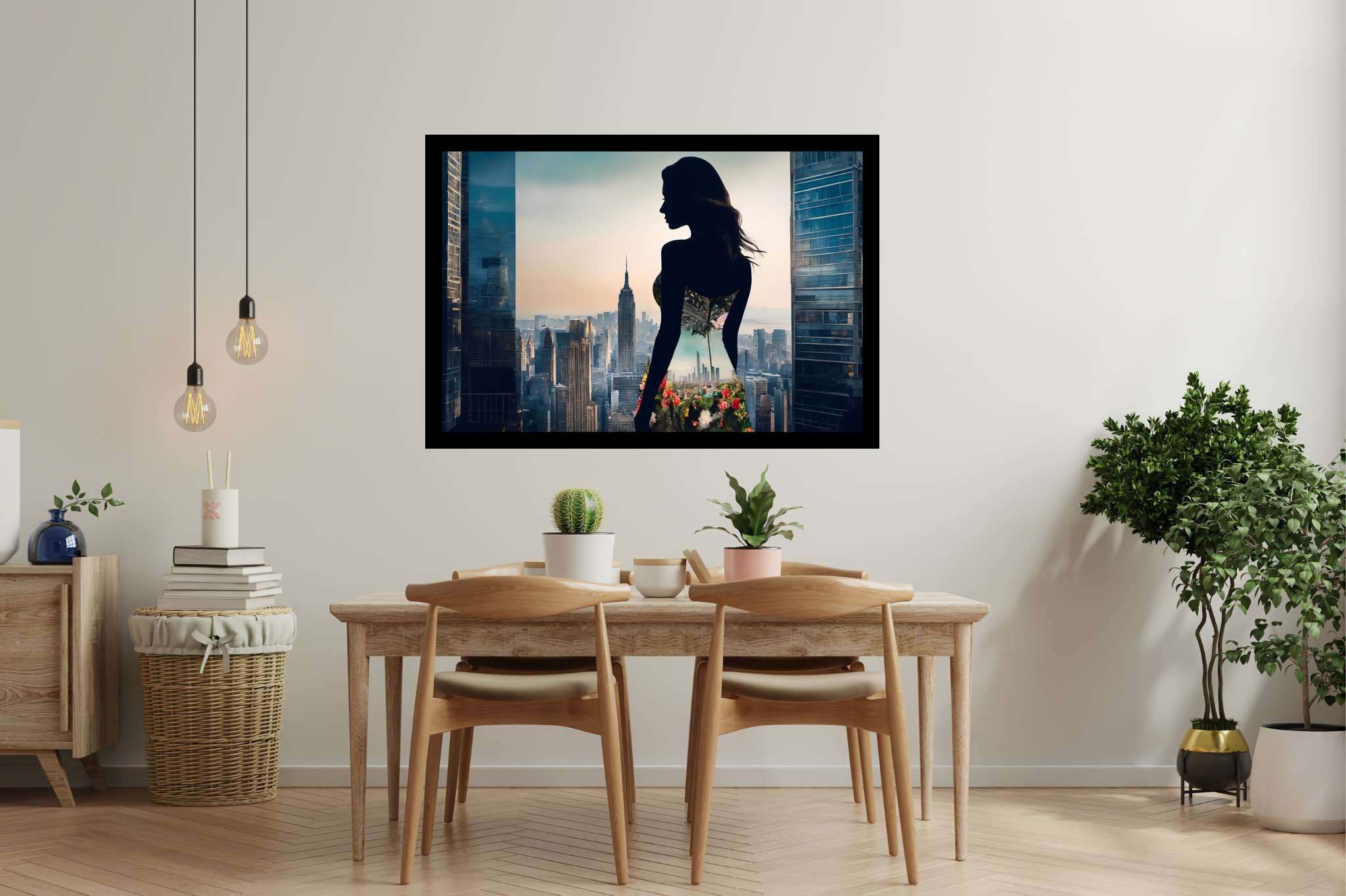 Urban dusk blooms: Silhouette art with silhouette paintings, in a room with great design, mural artworks, and elegant home goods. The art can be printed on poster, framed poster, canvas, metal, acrylic or wood, exclusively at WallArtZen. Find this exact print at https://wallartzen.com/waz152