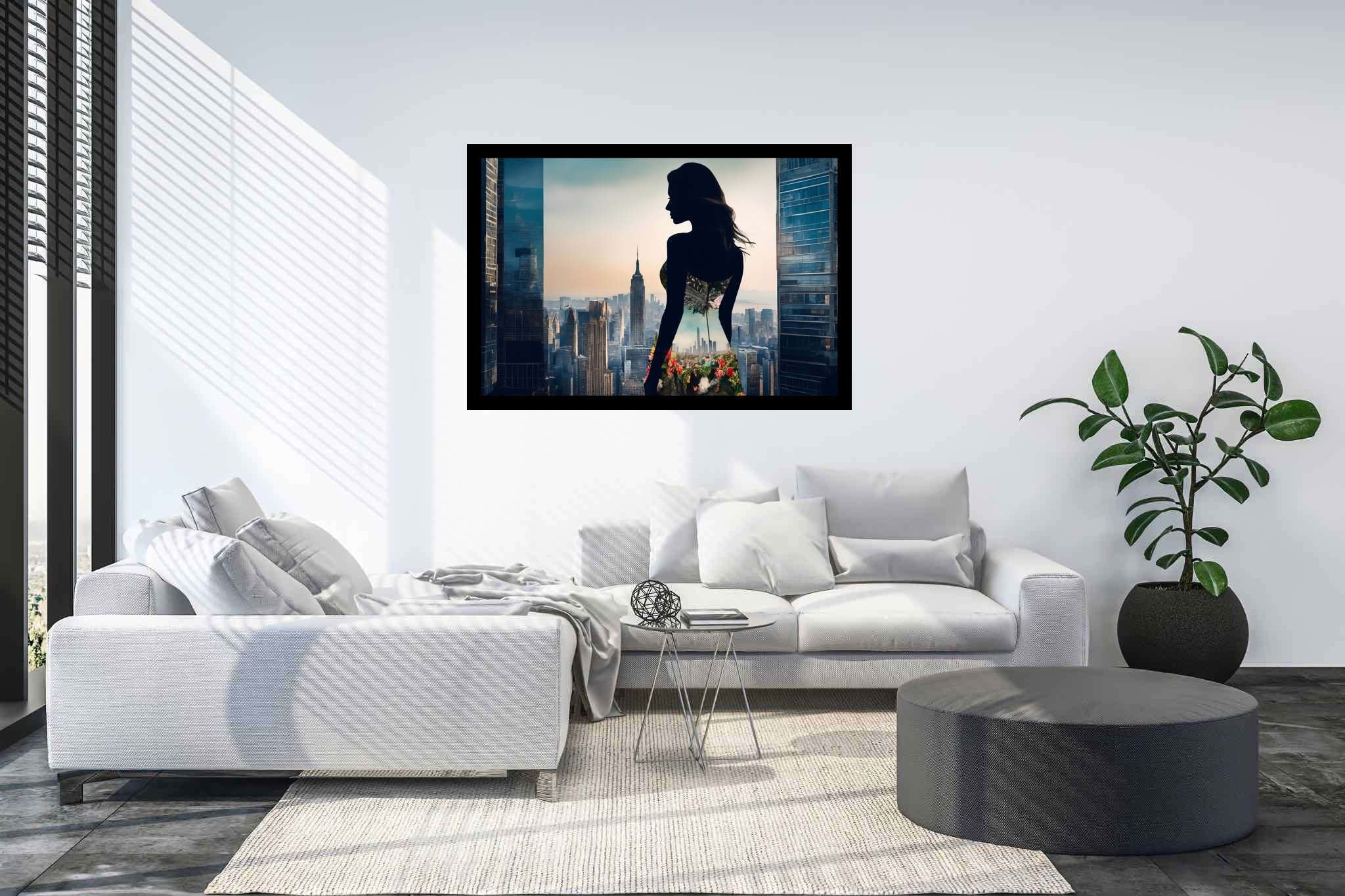 Urban dusk blooms: Silhouette art with artistry, in a room with chic decor, abstract paintings, and elegant home goods. The art can be printed on poster, framed poster, canvas, metal, acrylic or wood, exclusively at WallArtZen. Find this exact print at https://wallartzen.com/waz152