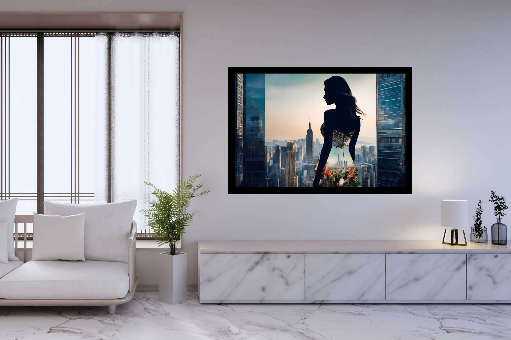 Urban dusk blooms: Silhouette art with dark art, in a room with classic elegance, gallery-quality artwork, and stylish accessories. The art can be printed on poster, framed poster, canvas, metal, acrylic or wood, exclusively at WallArtZen. Find this exact print at https://wallartzen.com/waz152