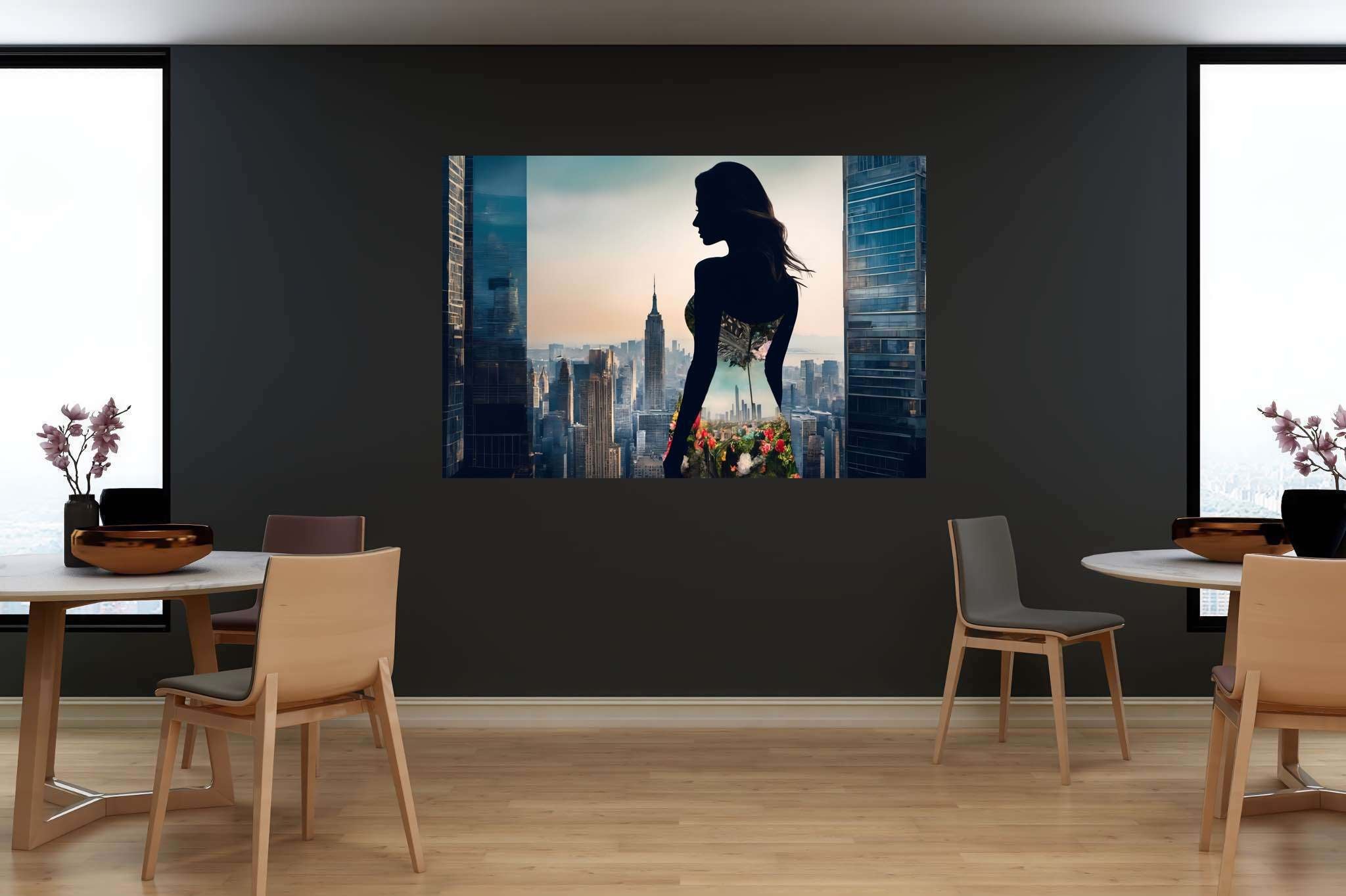 Urban dusk blooms: Silhouette art with expressive art, in a room with modern style, mural artworks, and artisan decor. The art can be printed on poster, framed poster, canvas, metal, acrylic or wood, exclusively at WallArtZen. Find this exact print at https://wallartzen.com/waz152