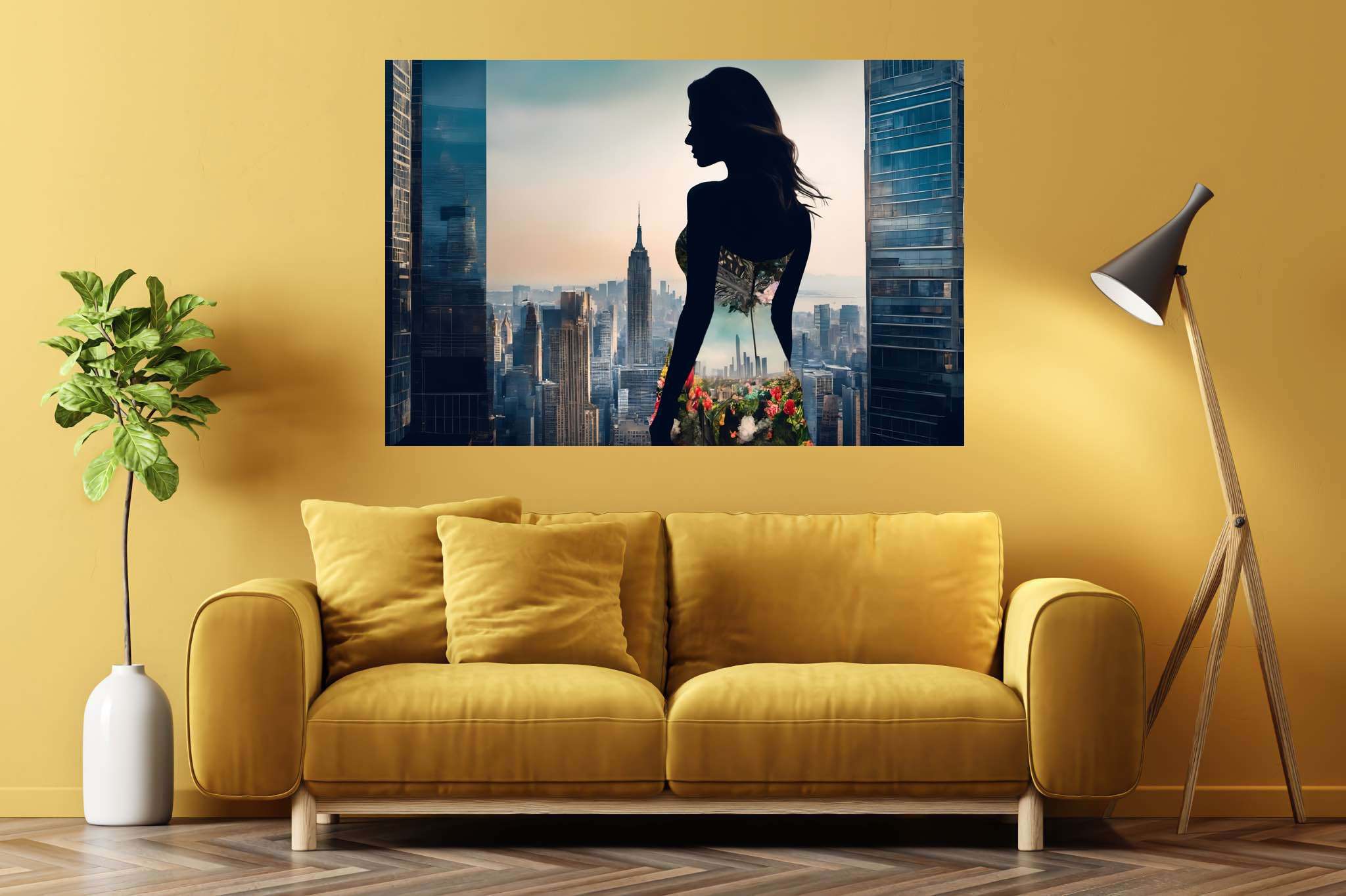 Urban dusk blooms: Silhouette art with expressive art, in a room with innovative layout, bespoke art designs, and decorative pieces. The art can be printed on poster, framed poster, canvas, metal, acrylic or wood, exclusively at WallArtZen. Find this exact print at https://wallartzen.com/waz152