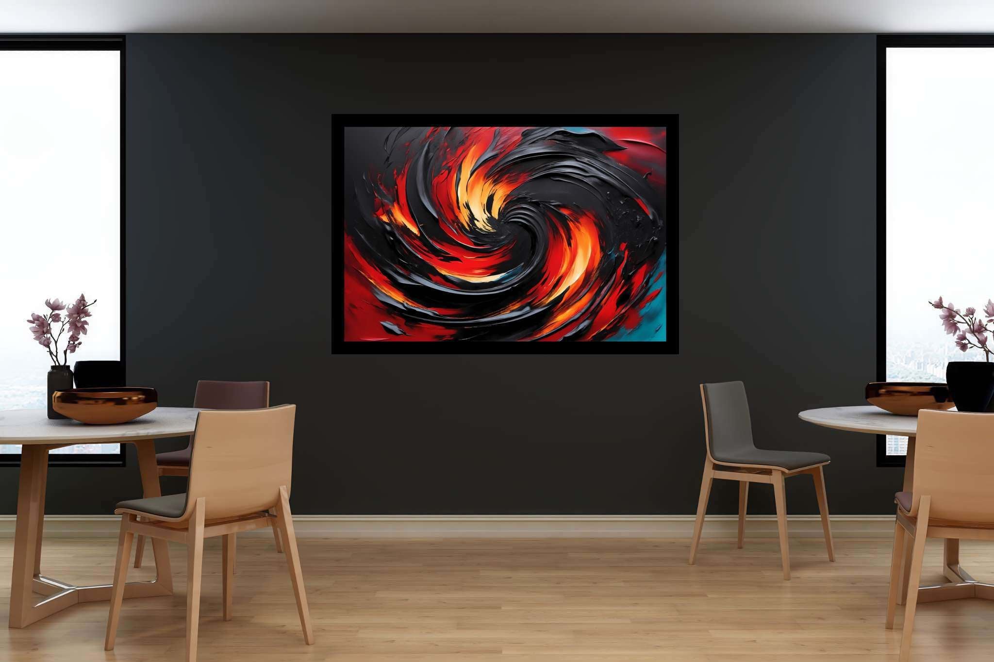 Chromatic vortex odyssey: Vibrant art with dynamic compositions, in a room with contemporary flair, canvas prints, and elegant home goods. The art can be printed on poster, framed poster, canvas, metal, acrylic or wood, exclusively at WallArtZen. Find this exact print at https://wallartzen.com/waz153
