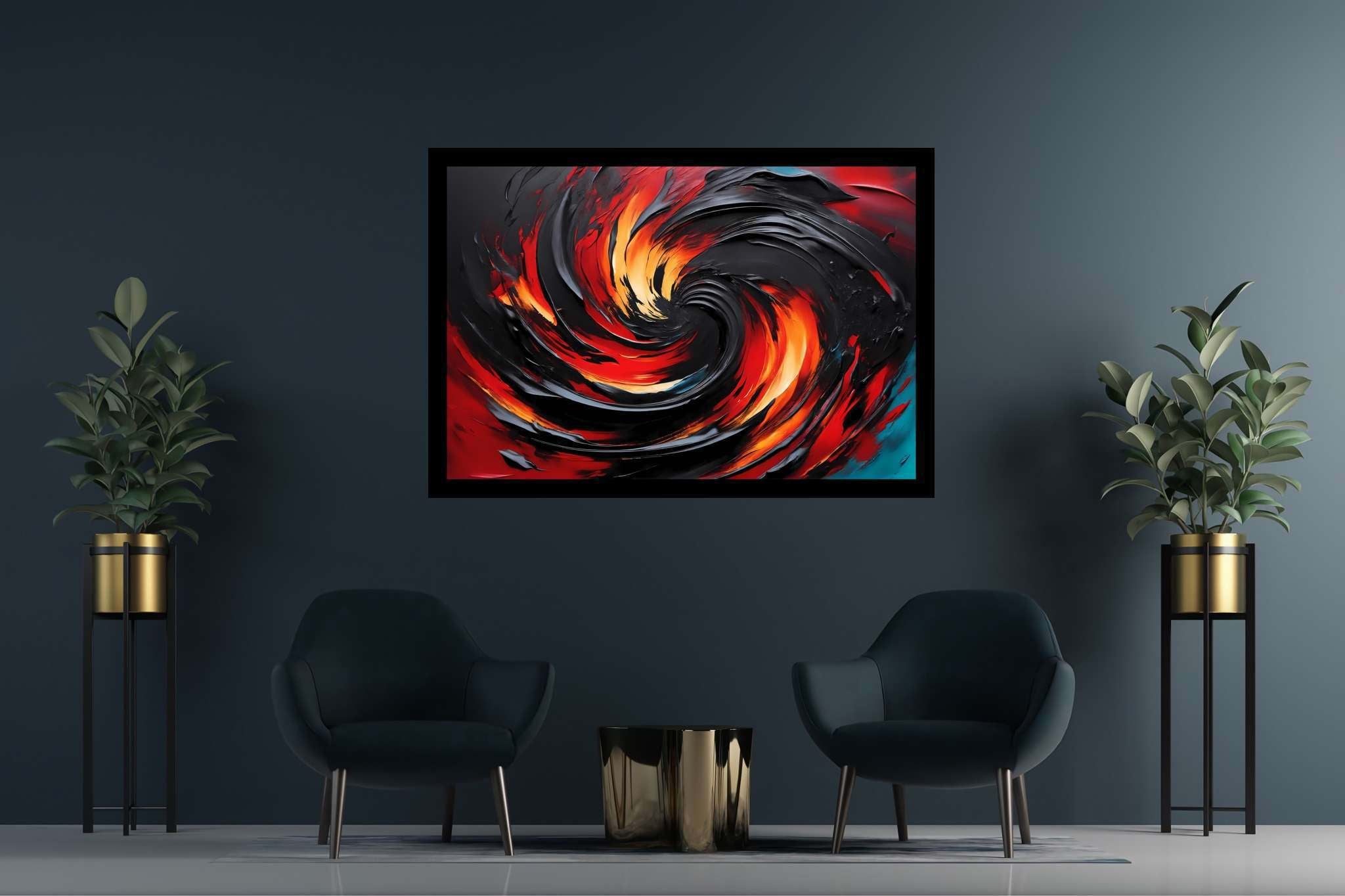 Chromatic vortex odyssey: Vibrant art with lively creations, in a room with modern style, digital art pieces, and elegant home goods. The art can be printed on poster, framed poster, canvas, metal, acrylic or wood, exclusively at WallArtZen. Find this exact print at https://wallartzen.com/waz153