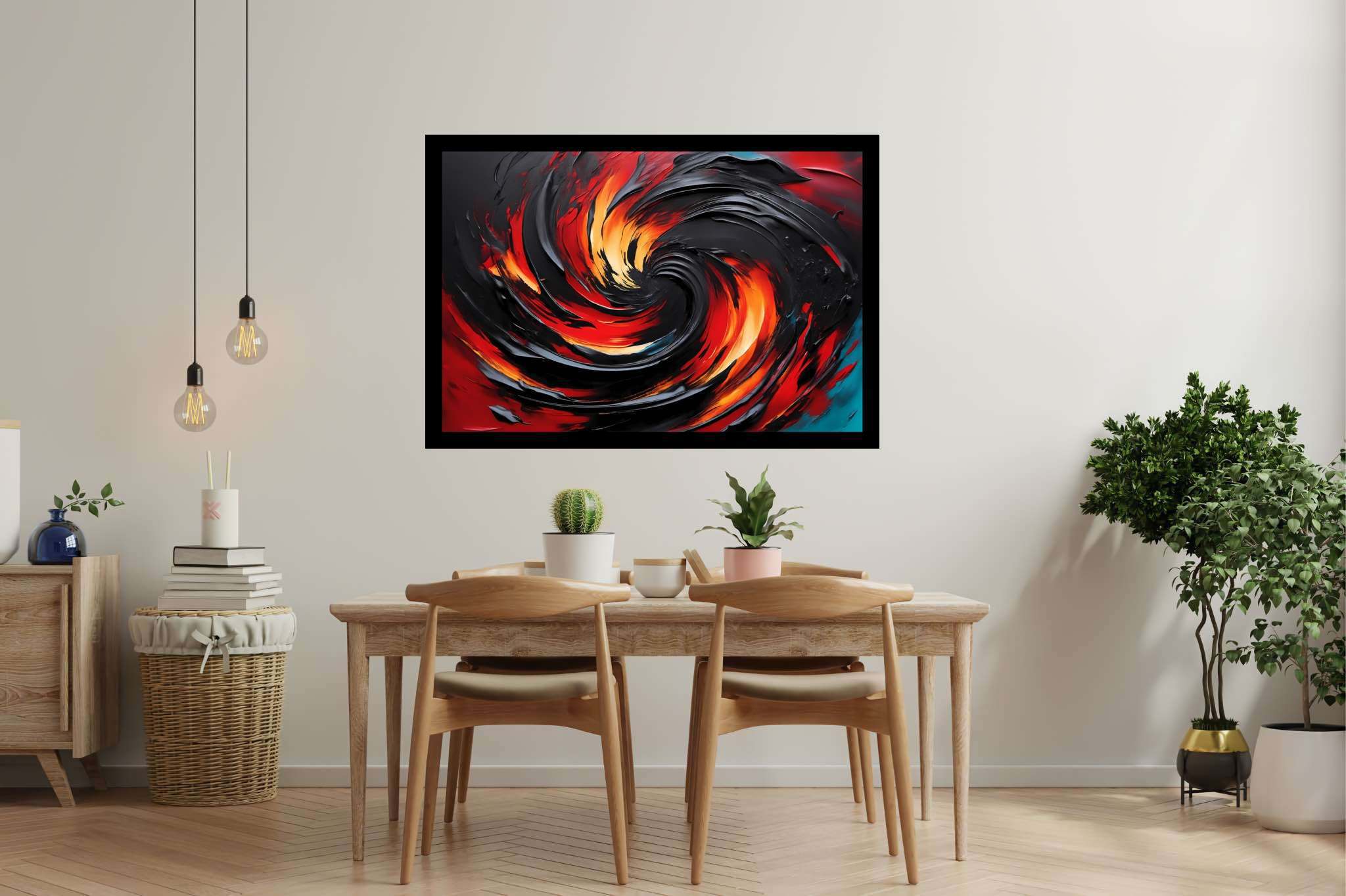 Chromatic vortex odyssey: Vibrant art with vibrant brushwork, in a room with modern style, mural artworks, and home furnishings. The art can be printed on poster, framed poster, canvas, metal, acrylic or wood, exclusively at WallArtZen. Find this exact print at https://wallartzen.com/waz153