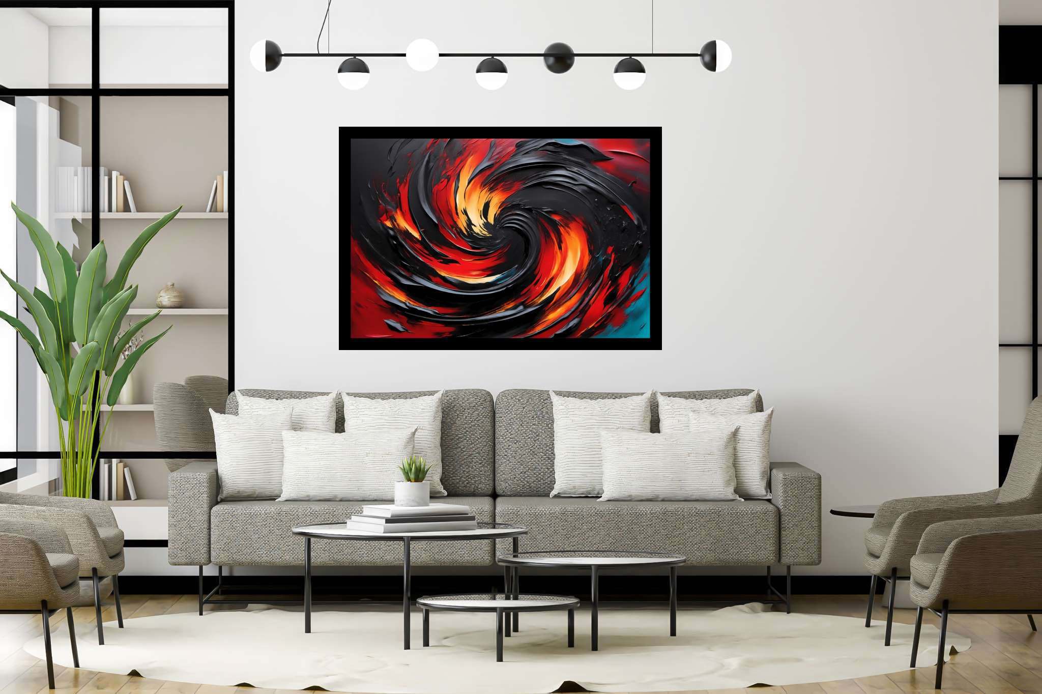 Chromatic vortex odyssey: Vibrant art with lively creativity, in a room with urban design, wall hangings, and designer furniture. The art can be printed on poster, framed poster, canvas, metal, acrylic or wood, exclusively at WallArtZen. Find this exact print at https://wallartzen.com/waz153