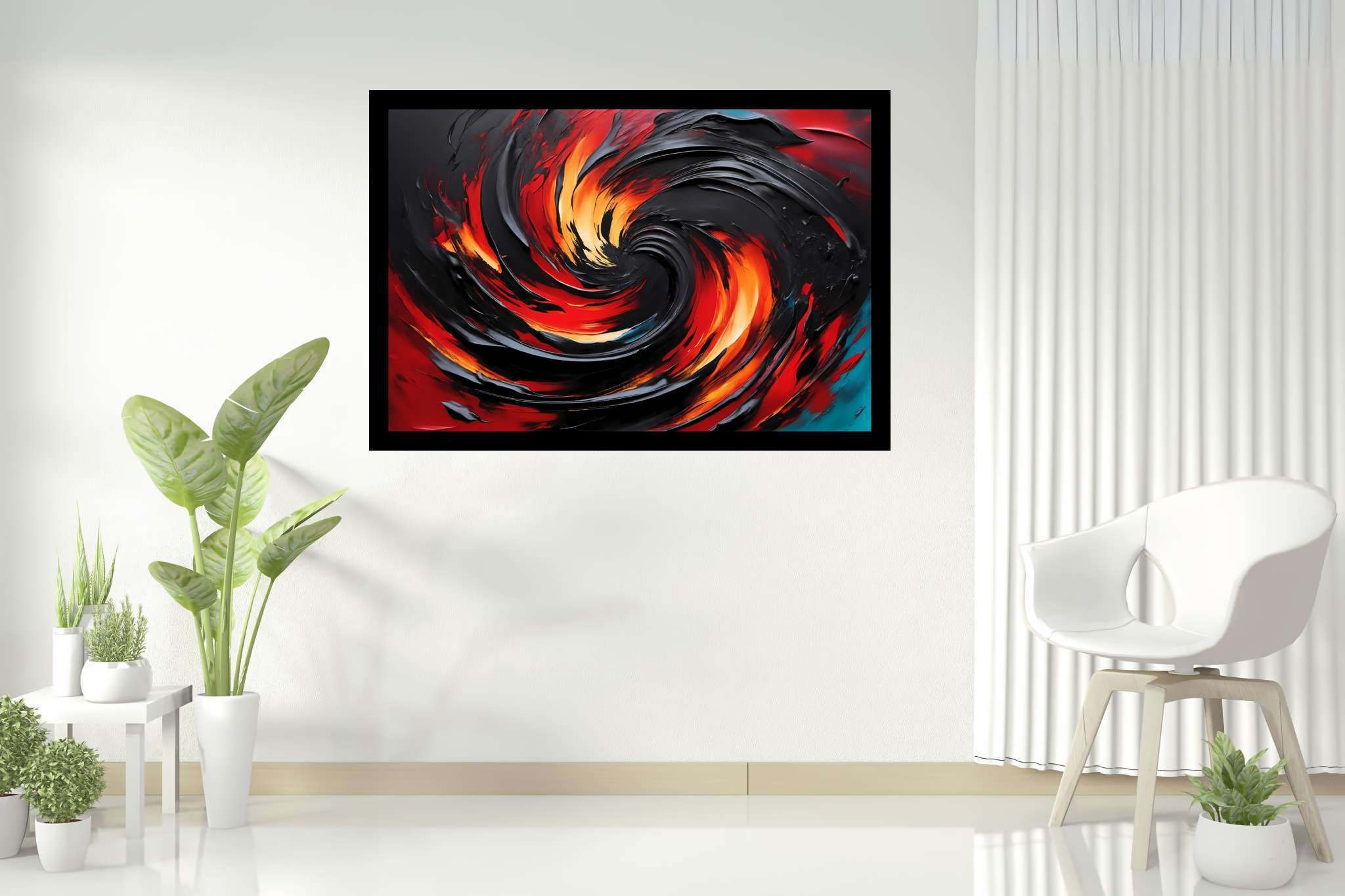 Chromatic vortex odyssey: Vibrant art with expressive designs, in a room with modern style, mural artworks, and decorative pieces. The art can be printed on poster, framed poster, canvas, metal, acrylic or wood, exclusively at WallArtZen. Find this exact print at https://wallartzen.com/waz153