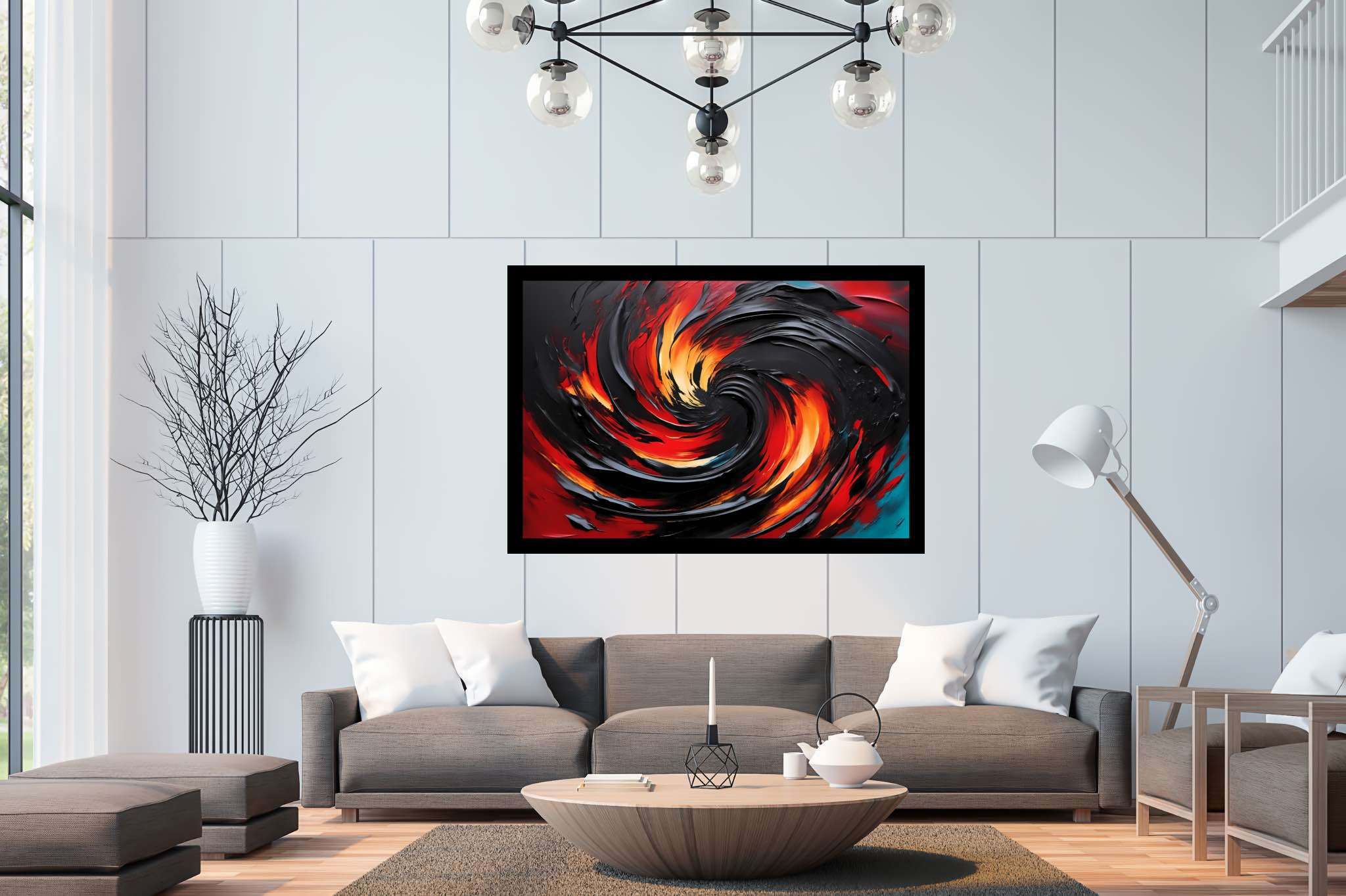 Chromatic vortex odyssey: Vibrant art with stimulating visuals, in a room with modern style, fine art prints, and interior decorations. The art can be printed on poster, framed poster, canvas, metal, acrylic or wood, exclusively at WallArtZen. Find this exact print at https://wallartzen.com/waz153