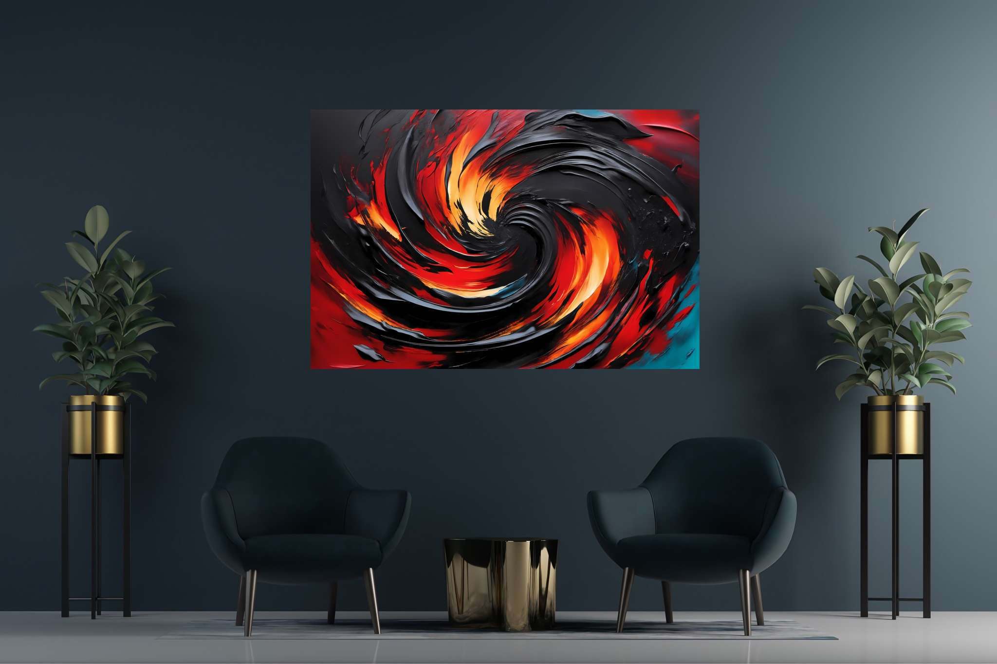 Chromatic vortex odyssey: Vibrant art with vivid artistic expressions, in a room with chic decor, framed art, and stylish accessories. The art can be printed on poster, framed poster, canvas, metal, acrylic or wood, exclusively at WallArtZen. Find this exact print at https://wallartzen.com/waz153
