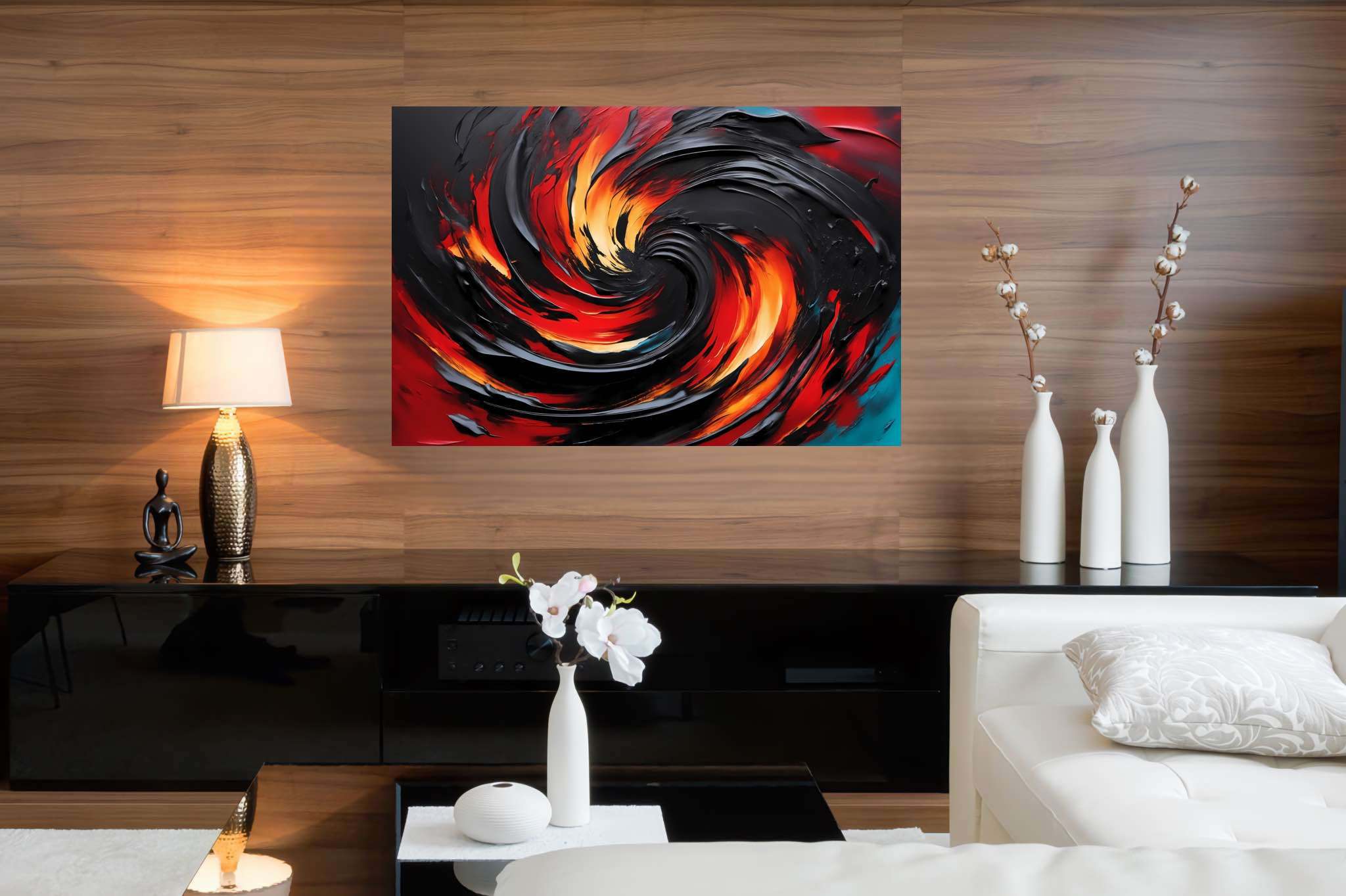 Chromatic vortex odyssey: Vibrant art with expressive designs, in a room with contemporary flair, abstract paintings, and stylish accessories. The art can be printed on poster, framed poster, canvas, metal, acrylic or wood, exclusively at WallArtZen. Find this exact print at https://wallartzen.com/waz153