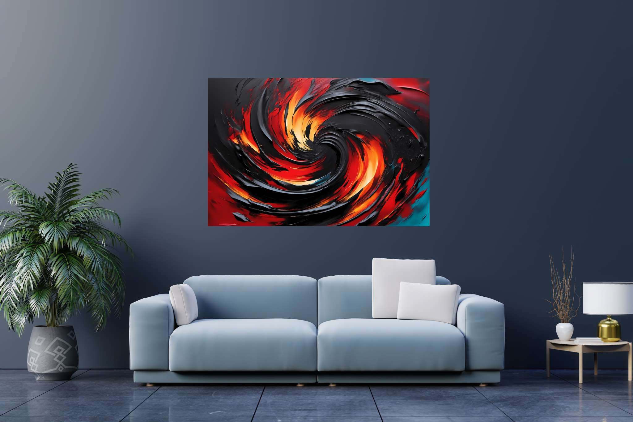 Chromatic vortex odyssey: Vibrant art with vibrant colors, in a room with great design, bespoke art designs, and interior decorations. The art can be printed on poster, framed poster, canvas, metal, acrylic or wood, exclusively at WallArtZen. Find this exact print at https://wallartzen.com/waz153