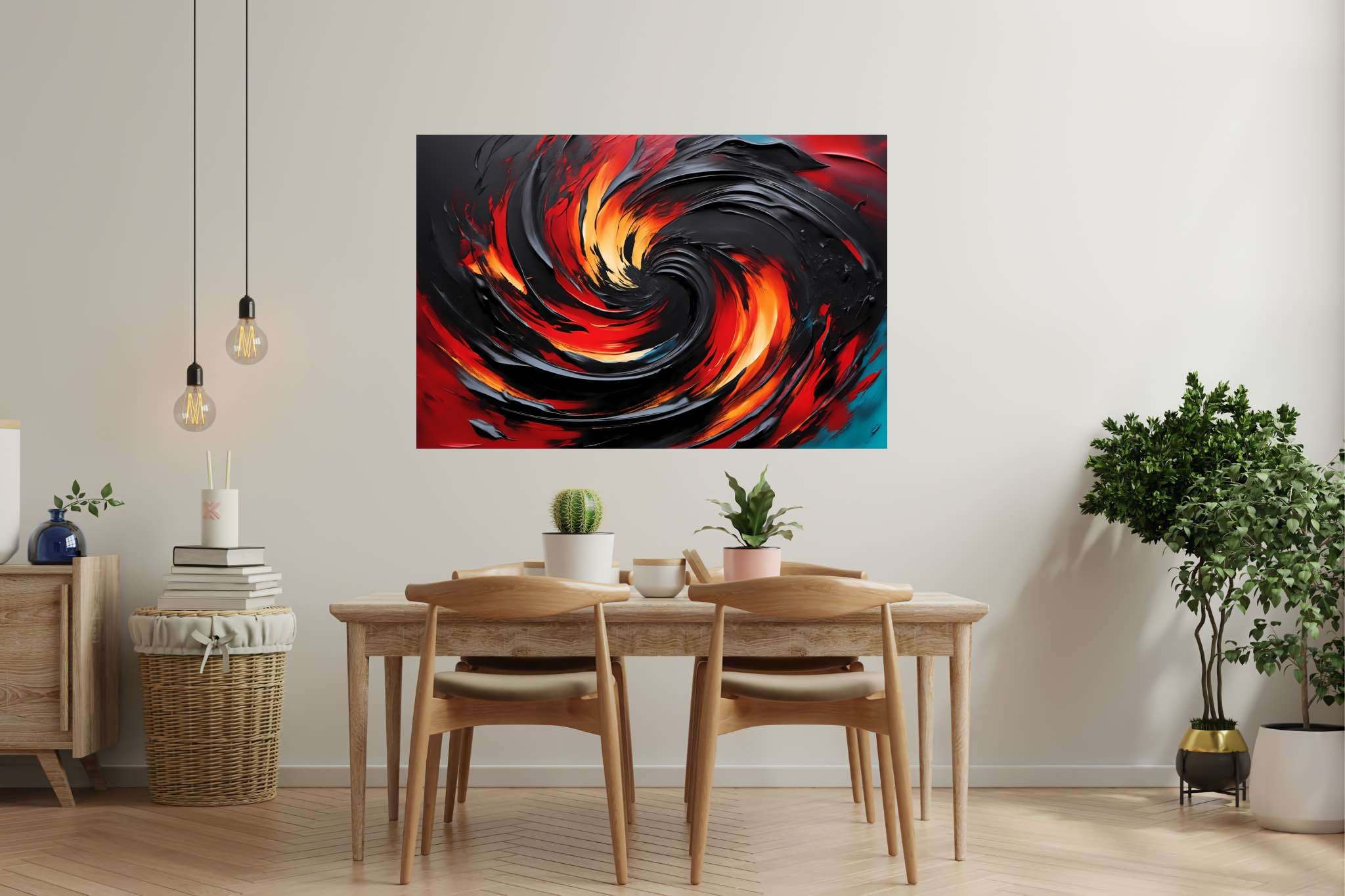 Chromatic vortex odyssey: Vibrant art with energizing illustrations, in a room with minimalist approach, abstract paintings, and stylish accessories. The art can be printed on poster, framed poster, canvas, metal, acrylic or wood, exclusively at WallArtZen. Find this exact print at https://wallartzen.com/waz153