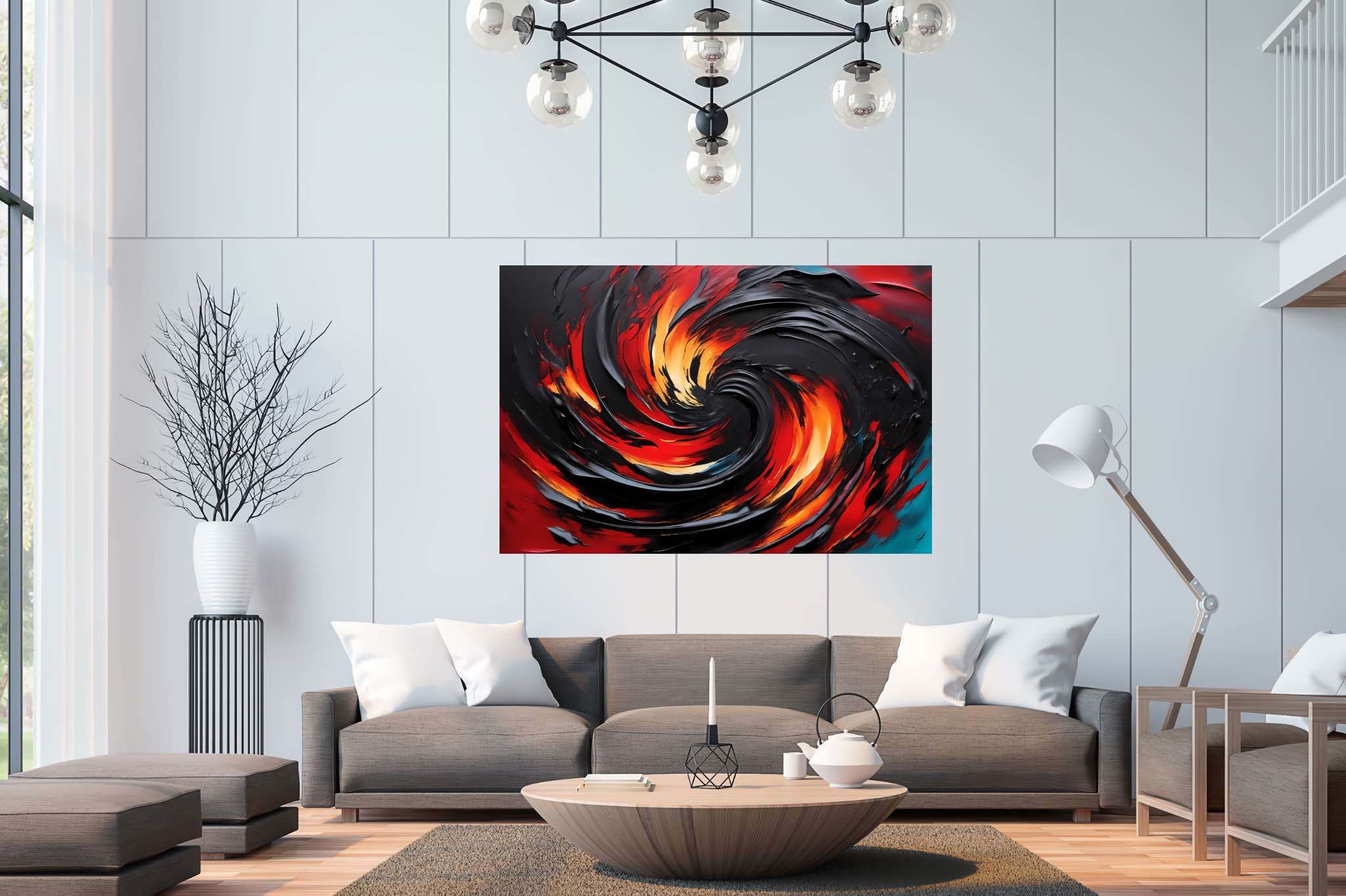 Chromatic vortex odyssey: Vibrant art with dynamic compositions, in a room with chic decor, wall art, and trendy home accents. The art can be printed on poster, framed poster, canvas, metal, acrylic or wood, exclusively at WallArtZen. Find this exact print at https://wallartzen.com/waz153