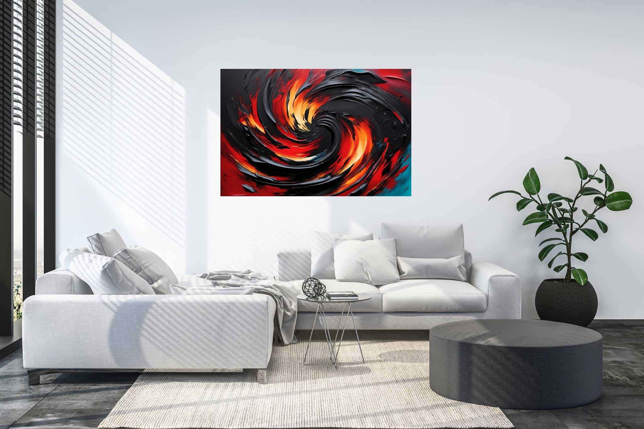 Chromatic vortex odyssey: Vibrant art with vibrant motifs, in a room with modern style, wall art, and interior decorations. The art can be printed on poster, framed poster, canvas, metal, acrylic or wood, exclusively at WallArtZen. Find this exact print at https://wallartzen.com/waz153