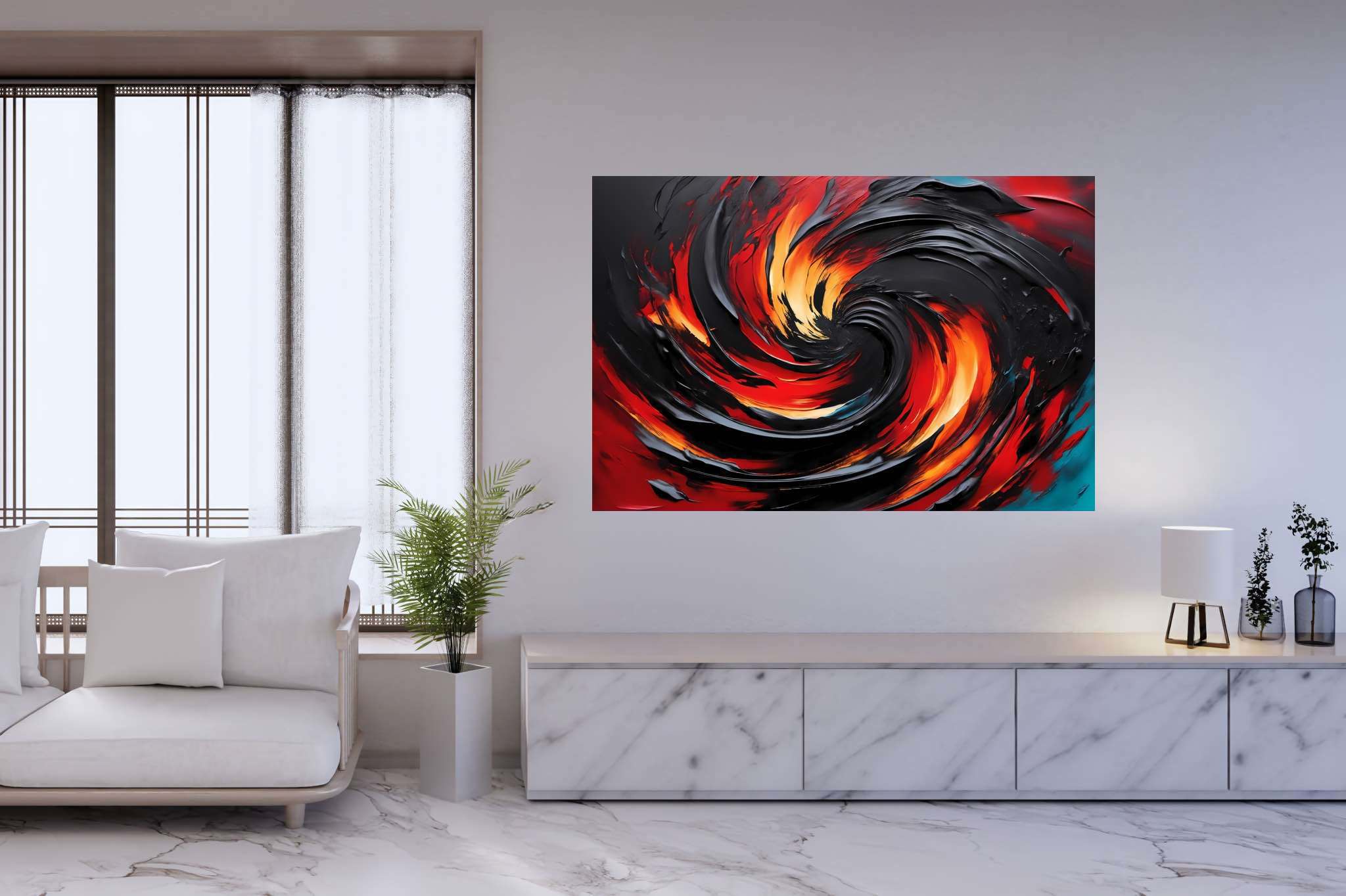 Chromatic vortex odyssey: Vibrant art with dynamic compositions, in a room with minimalist approach, mural artworks, and artisan decor. The art can be printed on poster, framed poster, canvas, metal, acrylic or wood, exclusively at WallArtZen. Find this exact print at https://wallartzen.com/waz153