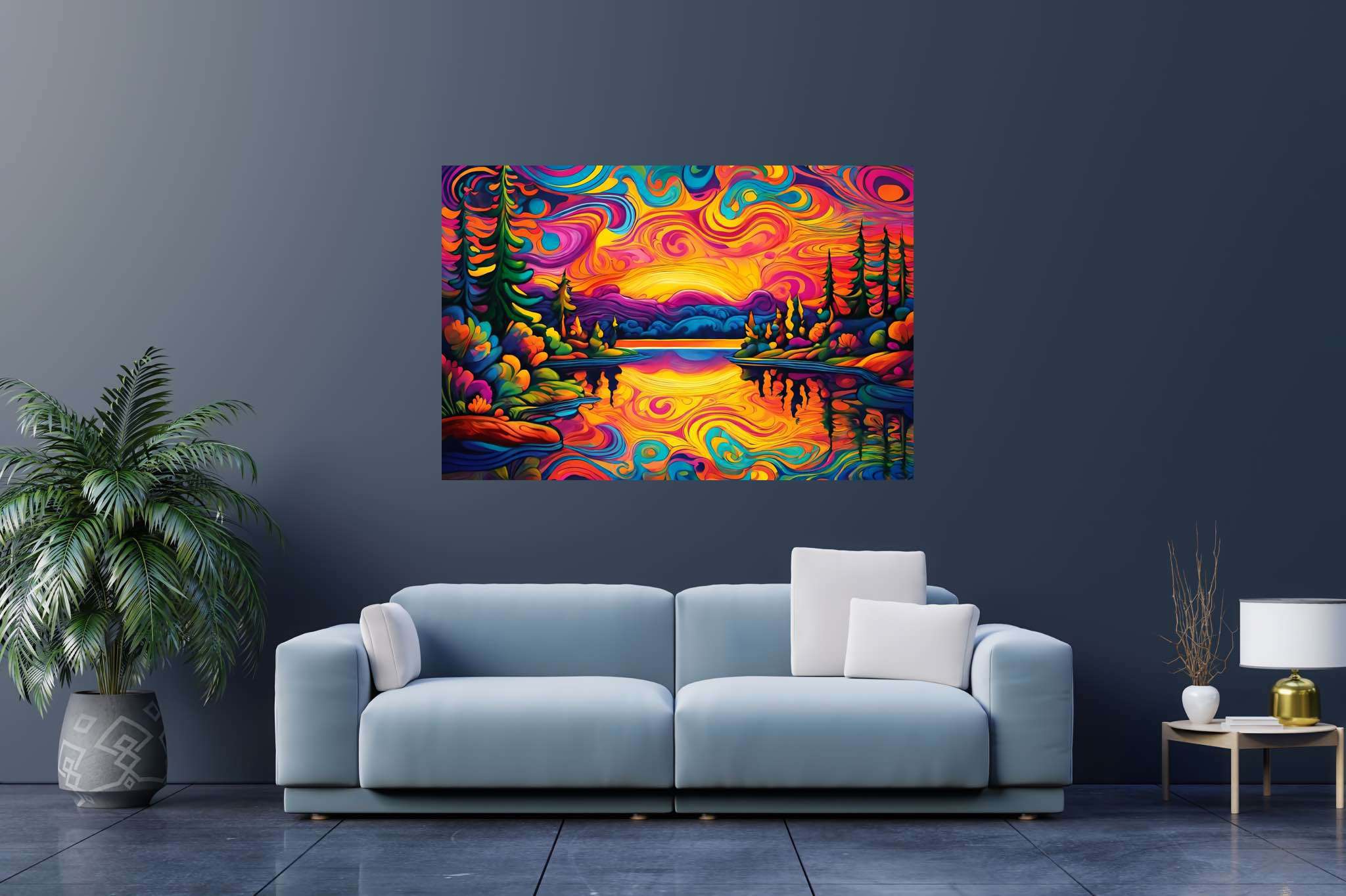 Evening's embrace unfolding: Sunset art with sunset-inspired artwork, in a room with great design, gallery-quality artwork, and artisan decor. The art can be printed on poster, framed poster, canvas, metal, acrylic or wood, exclusively at WallArtZen. Find this exact print at https://wallartzen.com/waz154