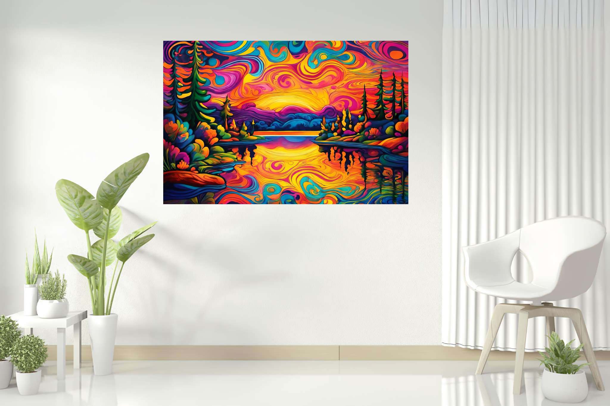 Evening's embrace unfolding: Sunset art with evening art, in a room with innovative layout, fine art prints, and designer furniture. The art can be printed on poster, framed poster, canvas, metal, acrylic or wood, exclusively at WallArtZen. Find this exact print at https://wallartzen.com/waz154