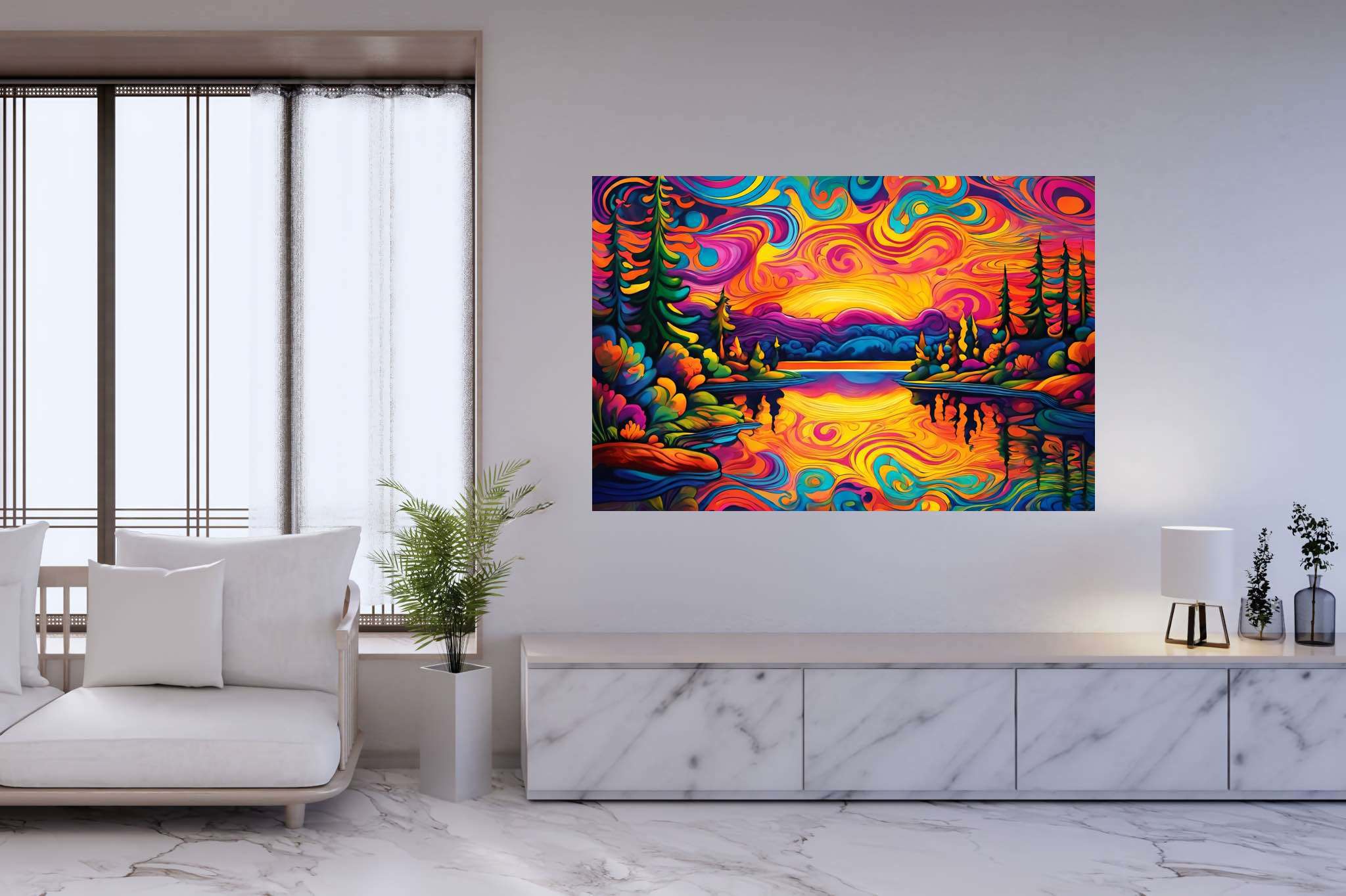 Evening's embrace unfolding: Sunset art with horizon painting, in a room with innovative layout, bespoke art designs, and stylish accessories. The art can be printed on poster, framed poster, canvas, metal, acrylic or wood, exclusively at WallArtZen. Find this exact print at https://wallartzen.com/waz154