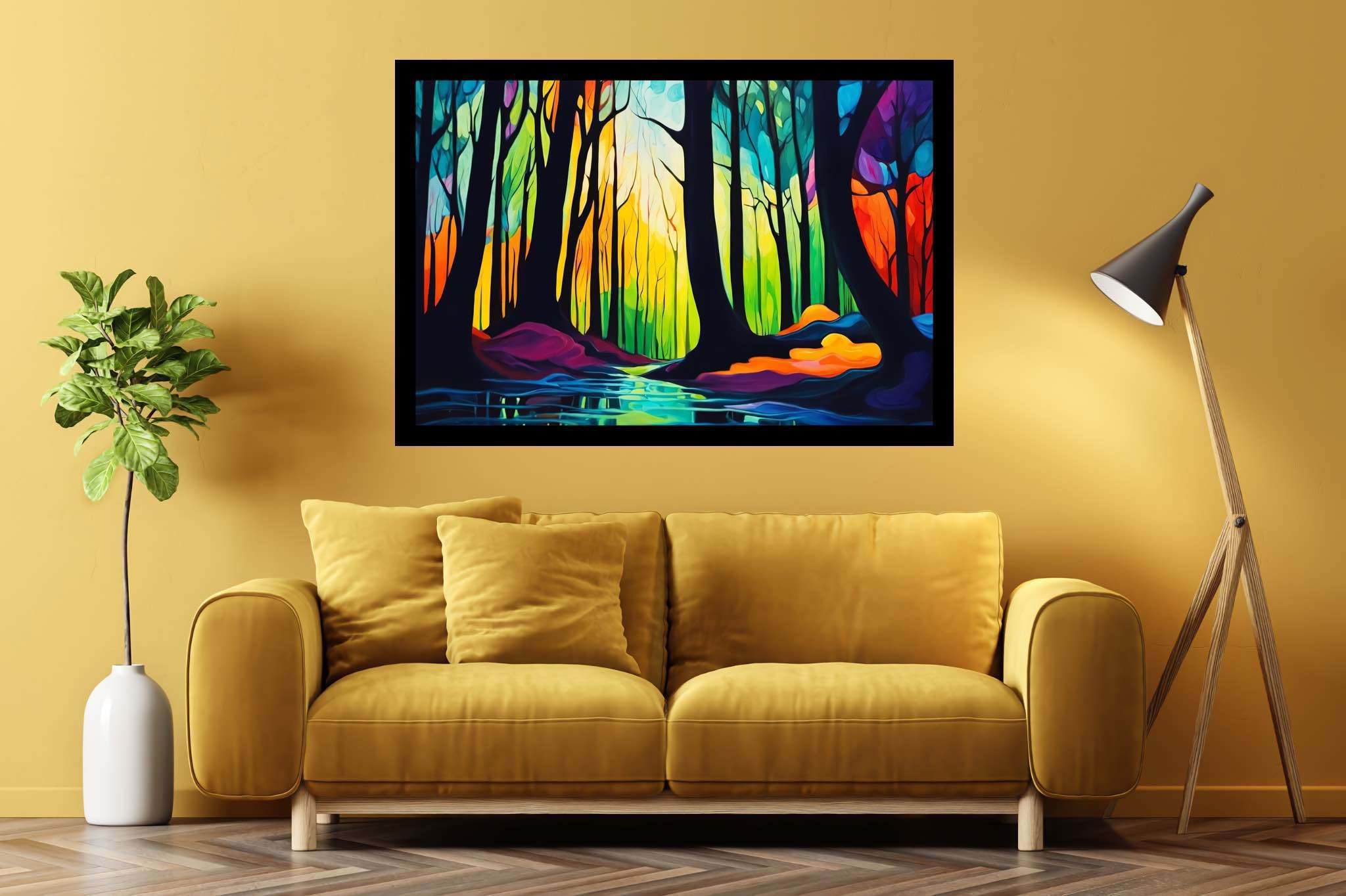 Forest whispers sonata: Nature art with outdoor artwork, in a room with chic decor, fine art prints, and designer furniture. The art can be printed on poster, framed poster, canvas, metal, acrylic or wood, exclusively at WallArtZen. Find this exact print at https://wallartzen.com/waz155