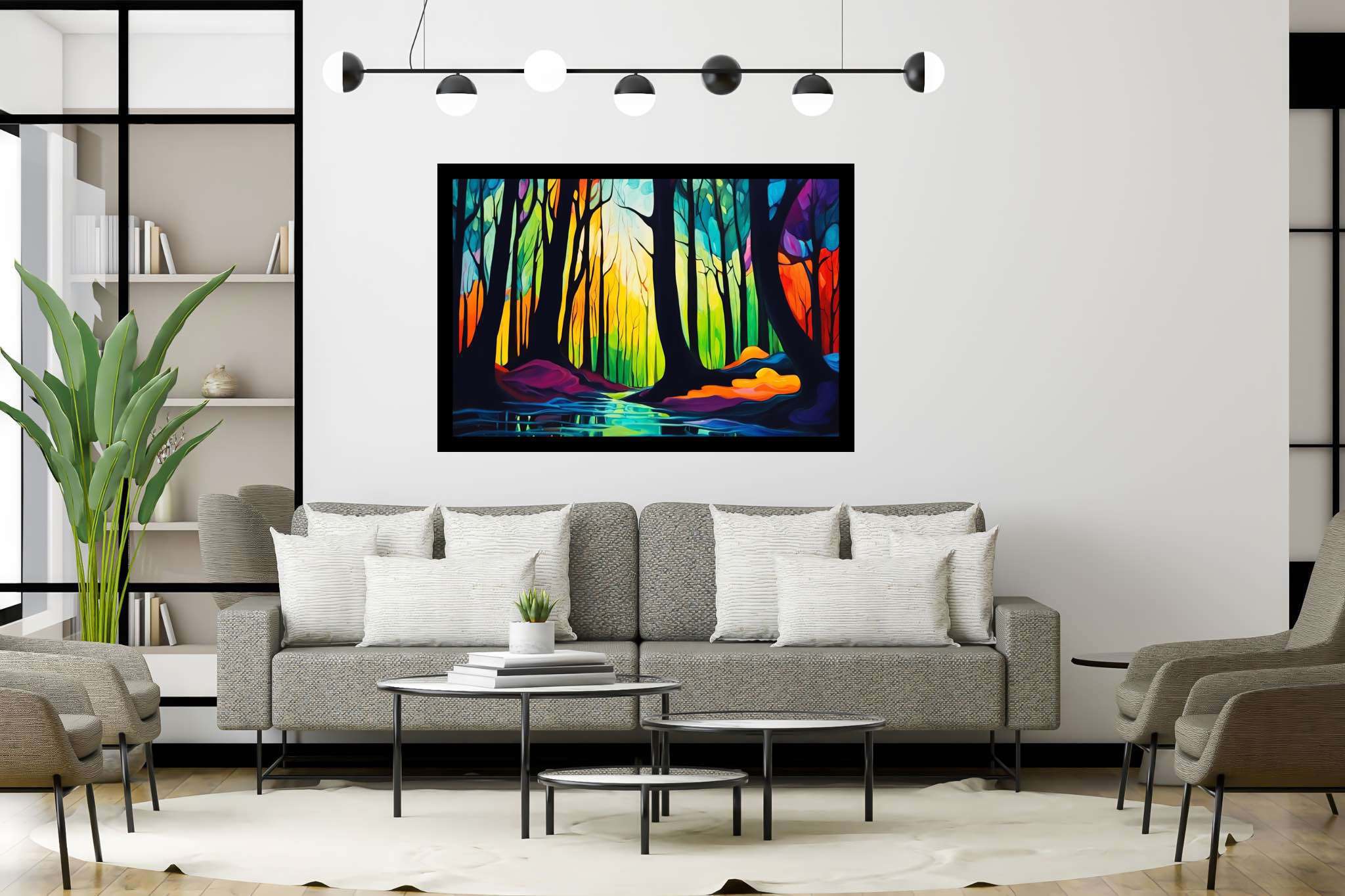 Forest whispers sonata: Nature art with nature-inspired sculptures, in a room with urban design, fine art prints, and home furnishings. The art can be printed on poster, framed poster, canvas, metal, acrylic or wood, exclusively at WallArtZen. Find this exact print at https://wallartzen.com/waz155