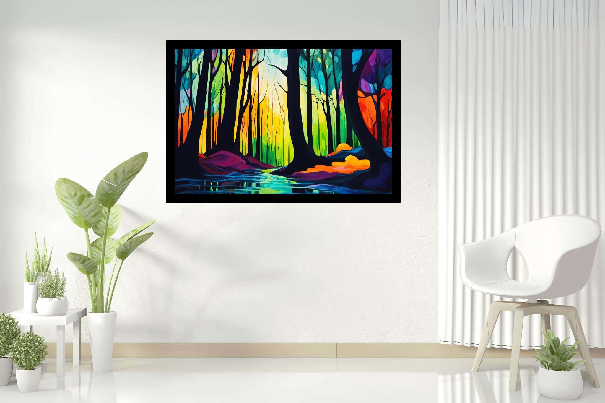 Forest whispers sonata: Nature art with landscape painting, in a room with modern style, canvas prints, and interior decorations. The art can be printed on poster, framed poster, canvas, metal, acrylic or wood, exclusively at WallArtZen. Find this exact print at https://wallartzen.com/waz155