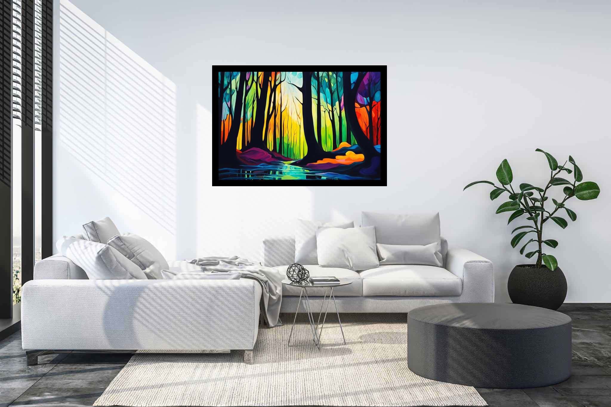 Forest whispers sonata: Nature art with natural landscapes, in a room with innovative layout, fine art prints, and decorative pieces. The art can be printed on poster, framed poster, canvas, metal, acrylic or wood, exclusively at WallArtZen. Find this exact print at https://wallartzen.com/waz155