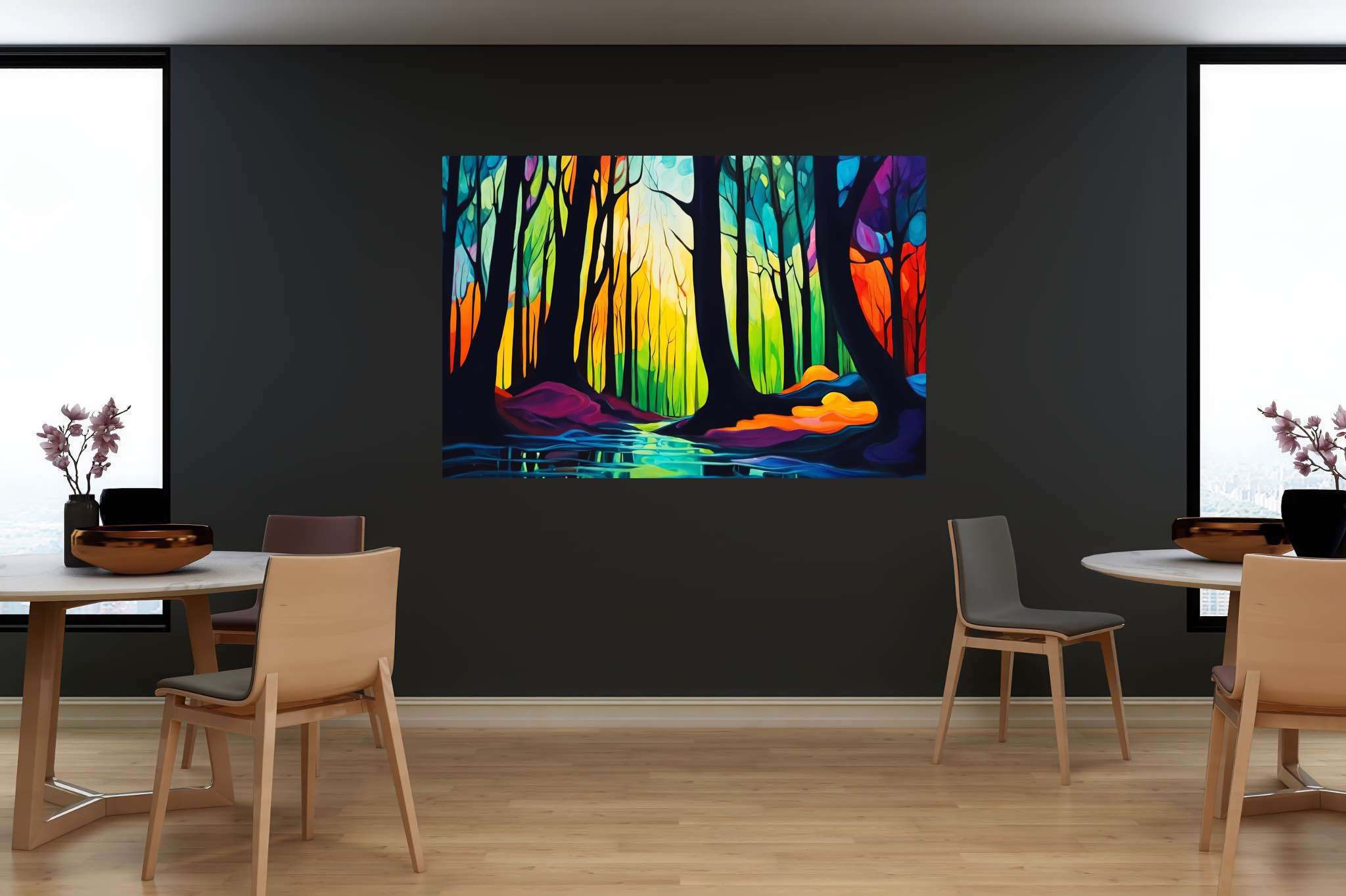 Forest whispers sonata: Nature art with environmental art, in a room with classic elegance, abstract paintings, and home styling items. The art can be printed on poster, framed poster, canvas, metal, acrylic or wood, exclusively at WallArtZen. Find this exact print at https://wallartzen.com/waz155