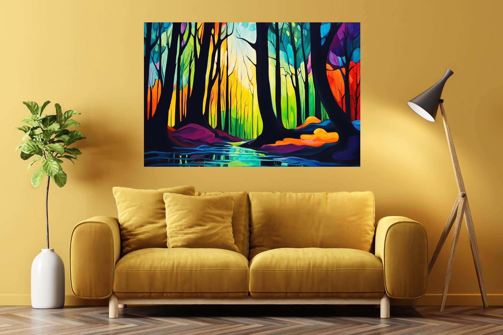 Forest whispers sonata: Nature art with landscape painting, in a room with artistic style, digital art pieces, and designer furniture. The art can be printed on poster, framed poster, canvas, metal, acrylic or wood, exclusively at WallArtZen. Find this exact print at https://wallartzen.com/waz155