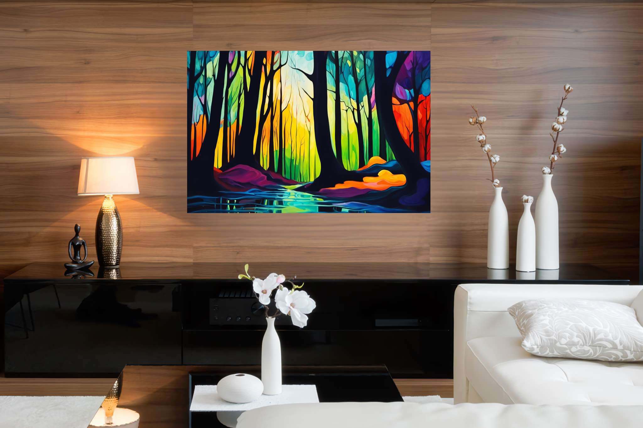 Forest whispers sonata: Nature art with nature-inspired sculptures, in a room with chic decor, mural artworks, and luxe decor. The art can be printed on poster, framed poster, canvas, metal, acrylic or wood, exclusively at WallArtZen. Find this exact print at https://wallartzen.com/waz155