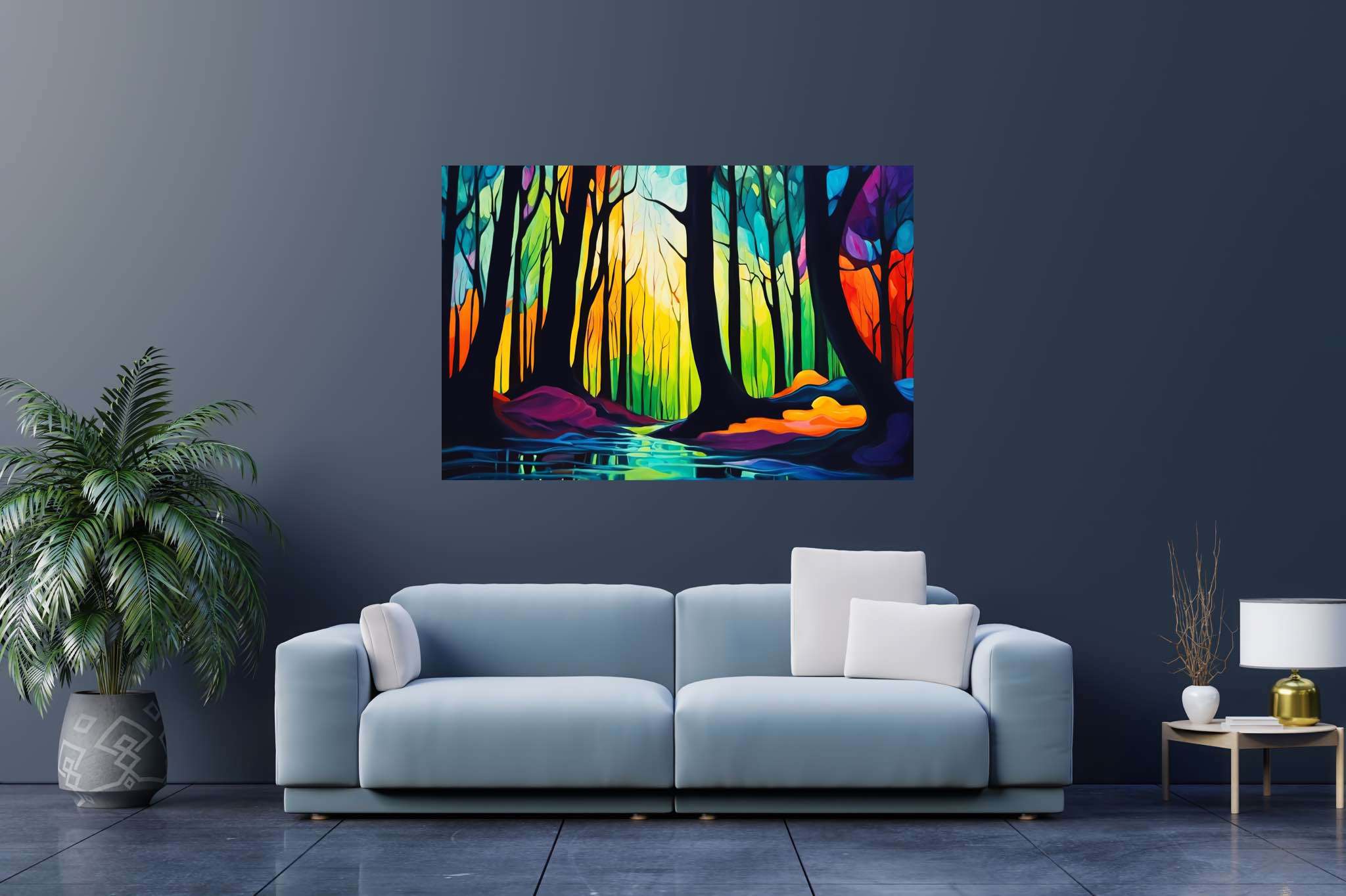 Forest whispers sonata: Nature art with flora and fauna art, in a room with artistic style, wall hangings, and designer furniture. The art can be printed on poster, framed poster, canvas, metal, acrylic or wood, exclusively at WallArtZen. Find this exact print at https://wallartzen.com/waz155