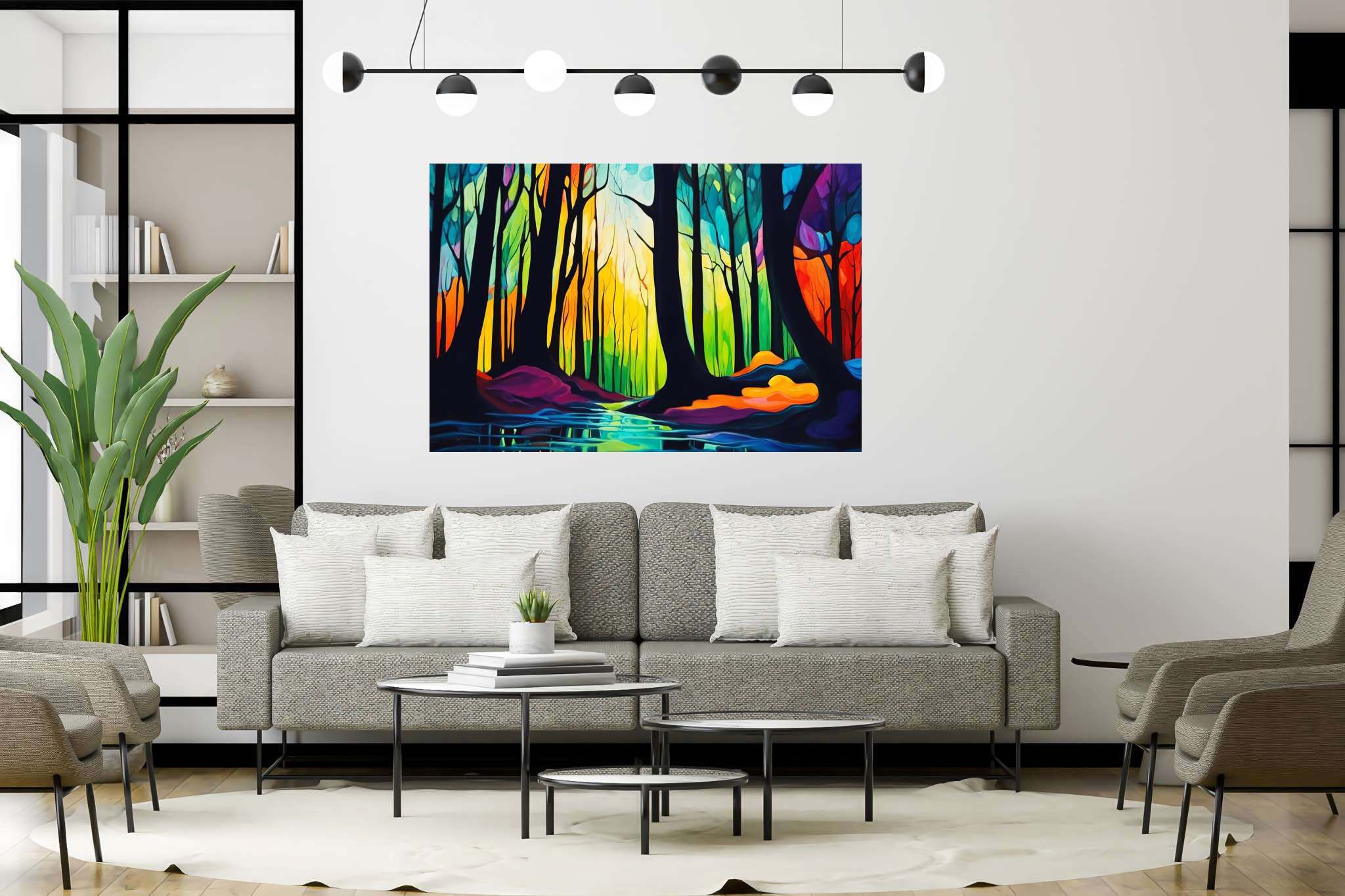 Forest whispers sonata: Nature art with nature-themed artwork, in a room with elegant layout, gallery-quality artwork, and interior decorations. The art can be printed on poster, framed poster, canvas, metal, acrylic or wood, exclusively at WallArtZen. Find this exact print at https://wallartzen.com/waz155