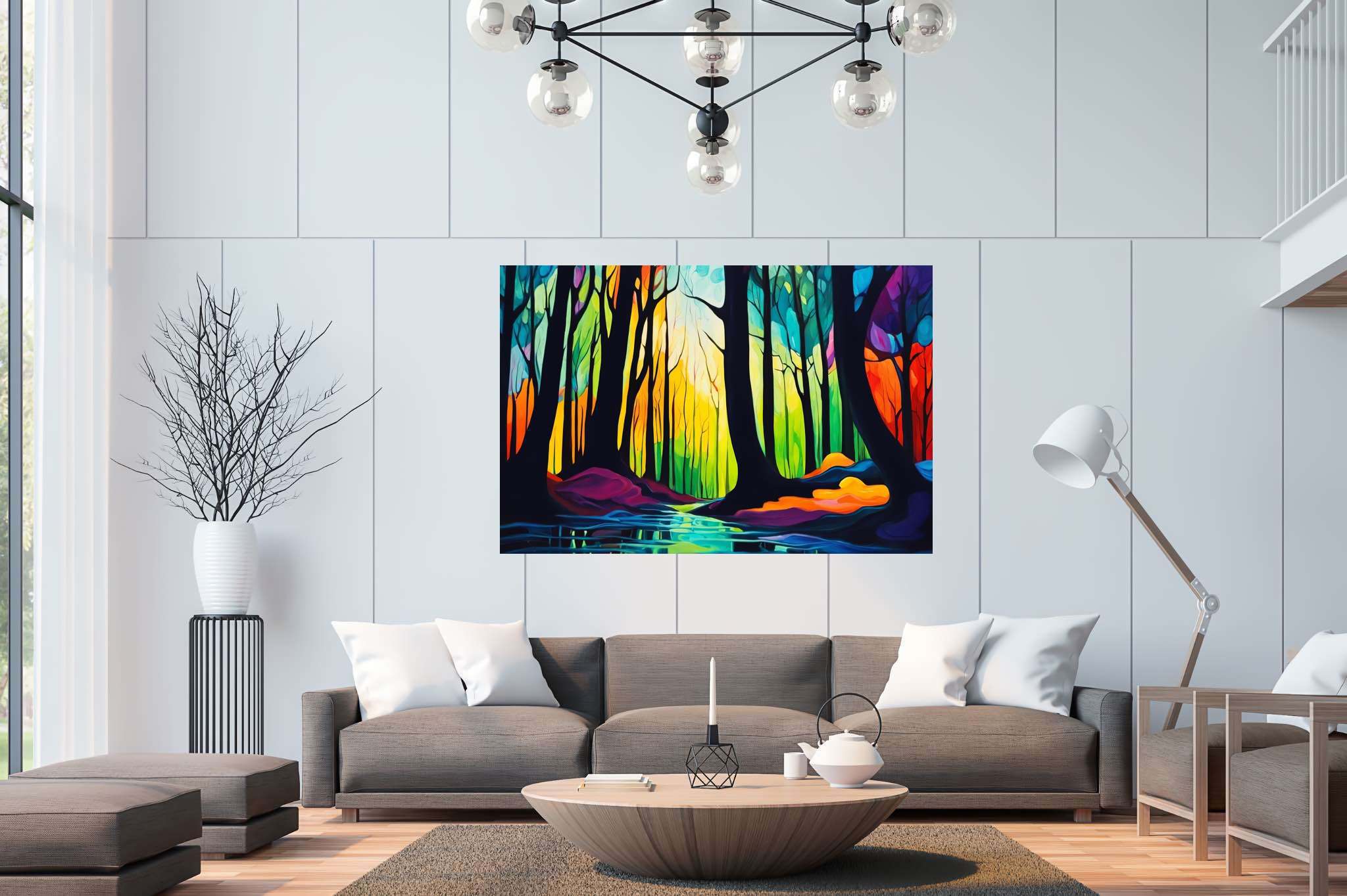 Forest whispers sonata: Nature art with flora and fauna art, in a room with artistic style, mural artworks, and luxe decor. The art can be printed on poster, framed poster, canvas, metal, acrylic or wood, exclusively at WallArtZen. Find this exact print at https://wallartzen.com/waz155