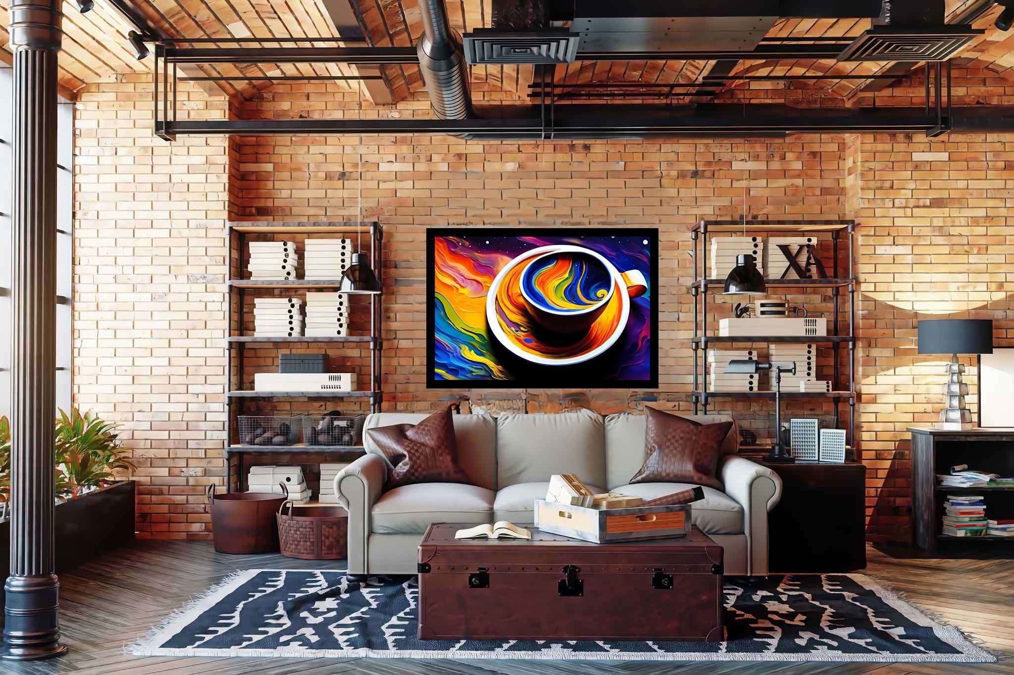 Kaleidoscope brew sonata: Vibrant coffee cup art with vibrant coffee cup art, in a room with contemporary flair, wall art, and elegant home goods. The art can be printed on poster, framed poster, canvas, metal, acrylic or wood, exclusively at WallArtZen. Find this exact print at https://wallartzen.com/waz157