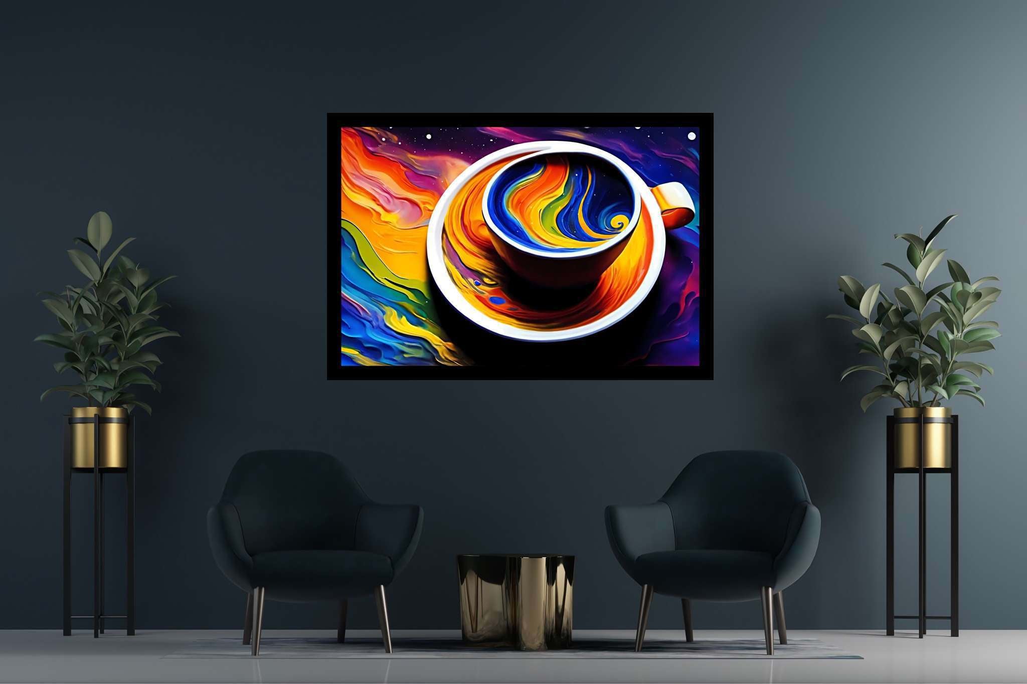 Kaleidoscope brew sonata: Vibrant coffee cup art with vibrant coffee cup photography, in a room with chic decor, mural artworks, and elegant home goods. The art can be printed on poster, framed poster, canvas, metal, acrylic or wood, exclusively at WallArtZen. Find this exact print at https://wallartzen.com/waz157