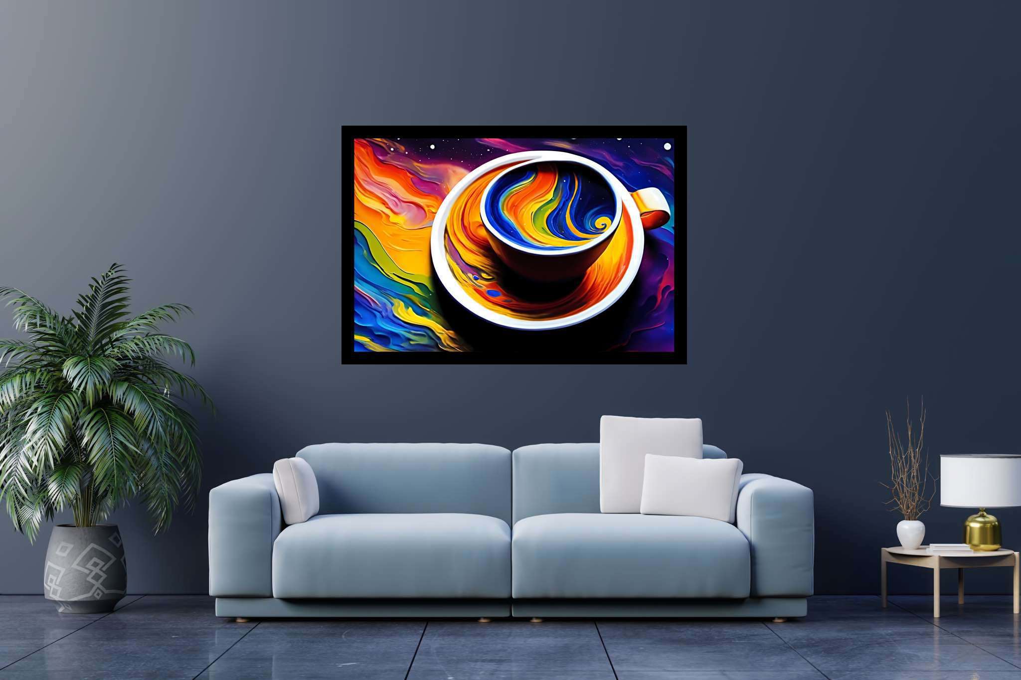 Kaleidoscope brew sonata: Vibrant coffee cup art with vibrant mug artwork, in a room with classic elegance, wall art, and trendy home accents. The art can be printed on poster, framed poster, canvas, metal, acrylic or wood, exclusively at WallArtZen. Find this exact print at https://wallartzen.com/waz157