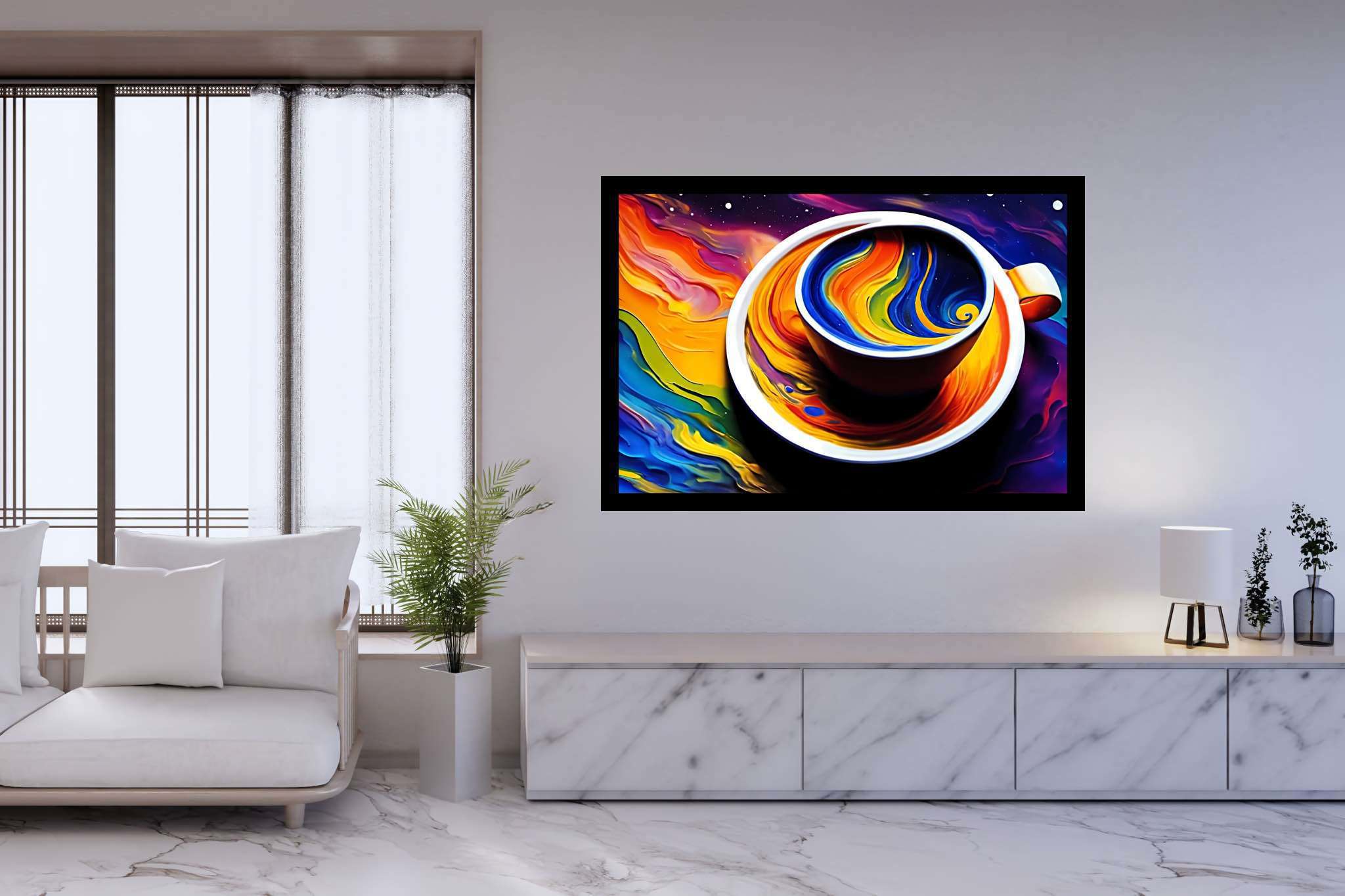 Kaleidoscope brew sonata: Vibrant coffee cup art with vibrant coffee cup abstracts, in a room with elegant layout, mural artworks, and artisan decor. The art can be printed on poster, framed poster, canvas, metal, acrylic or wood, exclusively at WallArtZen. Find this exact print at https://wallartzen.com/waz157