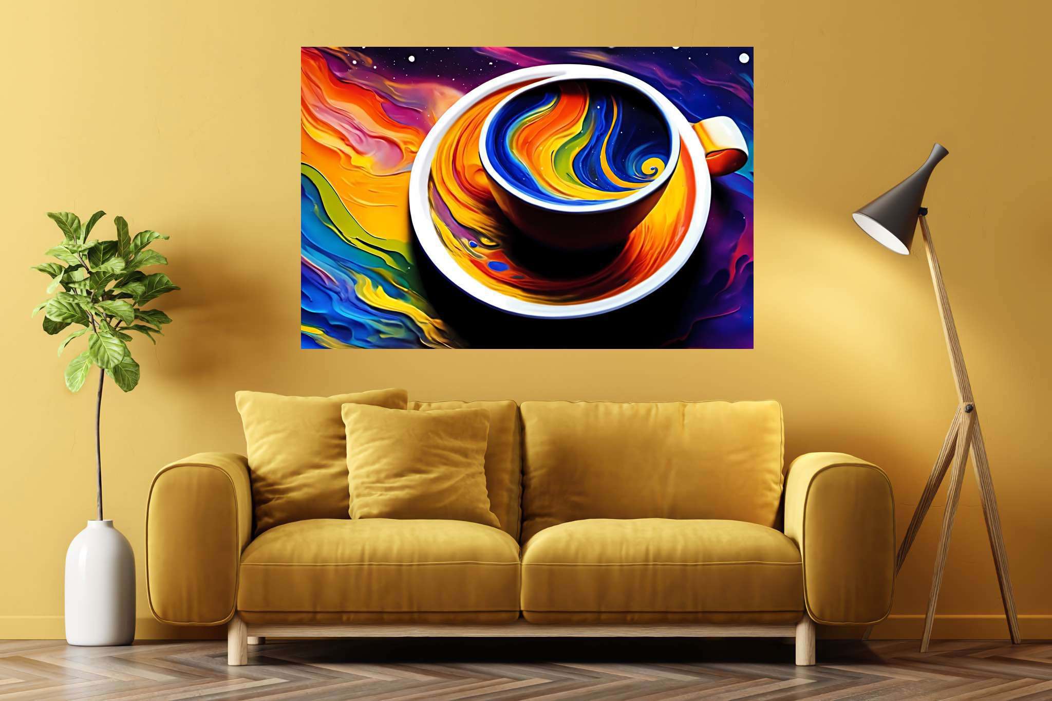 Kaleidoscope brew sonata: Vibrant coffee cup art with vivid coffee cup sketches, in a room with modern style, framed art, and interior decorations. The art can be printed on poster, framed poster, canvas, metal, acrylic or wood, exclusively at WallArtZen. Find this exact print at https://wallartzen.com/waz157