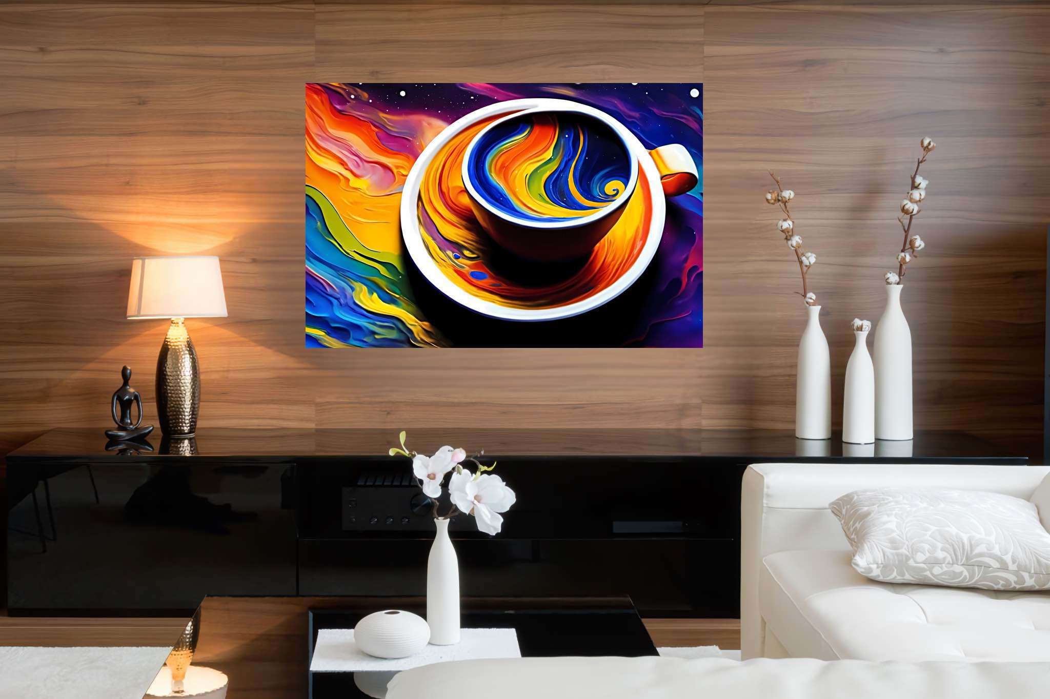 Kaleidoscope brew sonata: Vibrant coffee cup art with energetic coffee cup illustrations, in a room with modern style, gallery-quality artwork, and stylish accessories. The art can be printed on poster, framed poster, canvas, metal, acrylic or wood, exclusively at WallArtZen. Find this exact print at https://wallartzen.com/waz157