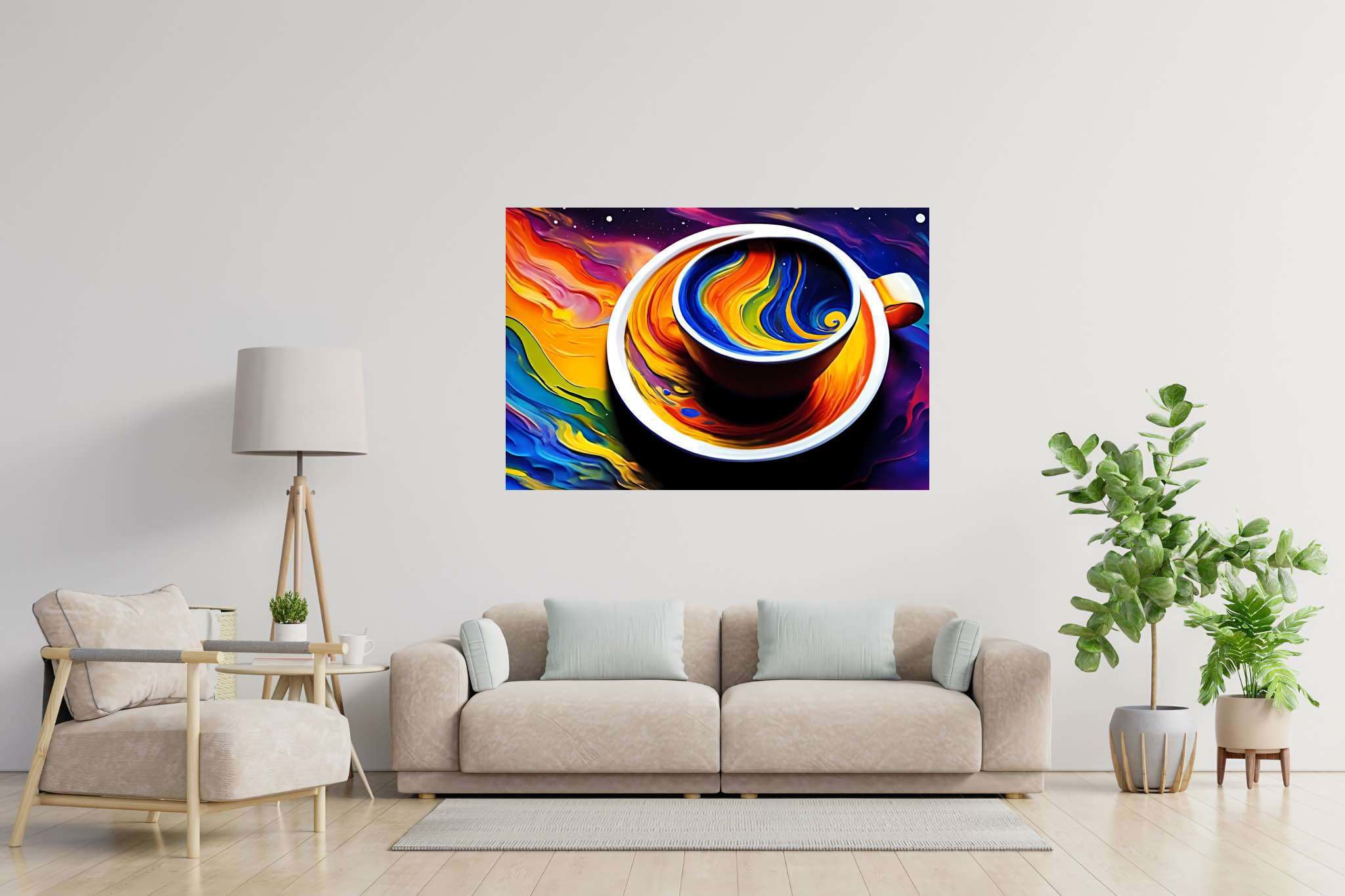 Kaleidoscope brew sonata: Vibrant coffee cup art with energetic coffee cup illustrations, in a room with artistic style, fine art prints, and home furnishings. The art can be printed on poster, framed poster, canvas, metal, acrylic or wood, exclusively at WallArtZen. Find this exact print at https://wallartzen.com/waz157