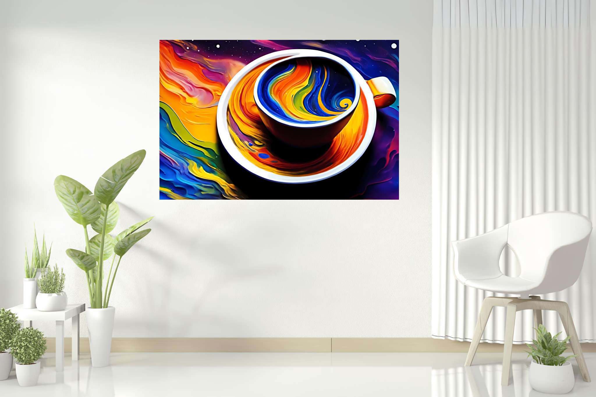 Kaleidoscope brew sonata: Vibrant coffee cup art with vibrant coffee cup prints, in a room with urban design, framed art, and luxe decor. The art can be printed on poster, framed poster, canvas, metal, acrylic or wood, exclusively at WallArtZen. Find this exact print at https://wallartzen.com/waz157