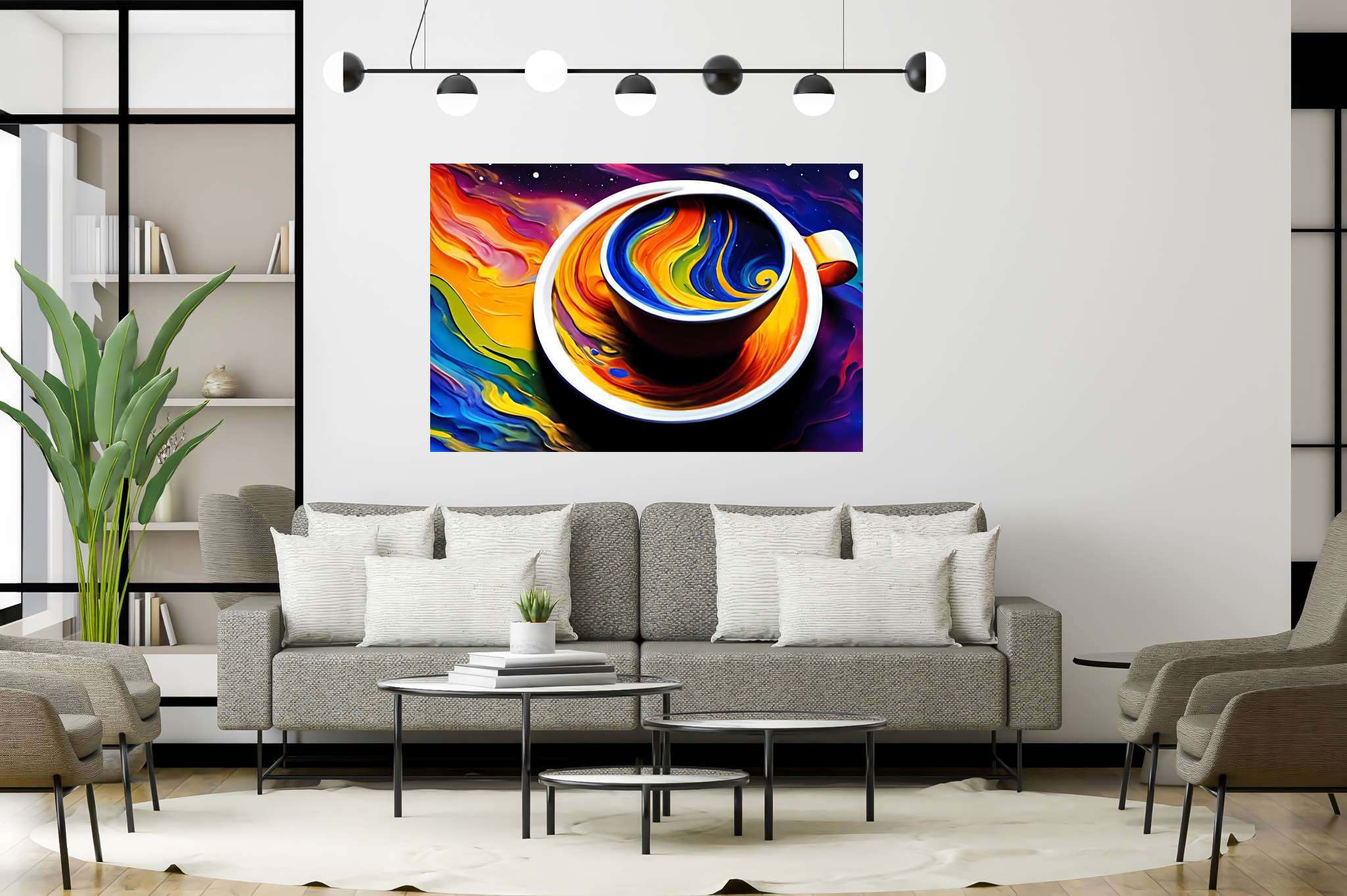 Kaleidoscope brew sonata: Vibrant coffee cup art with vivid coffee cup sketches, in a room with great design, mural artworks, and designer furniture. The art can be printed on poster, framed poster, canvas, metal, acrylic or wood, exclusively at WallArtZen. Find this exact print at https://wallartzen.com/waz157