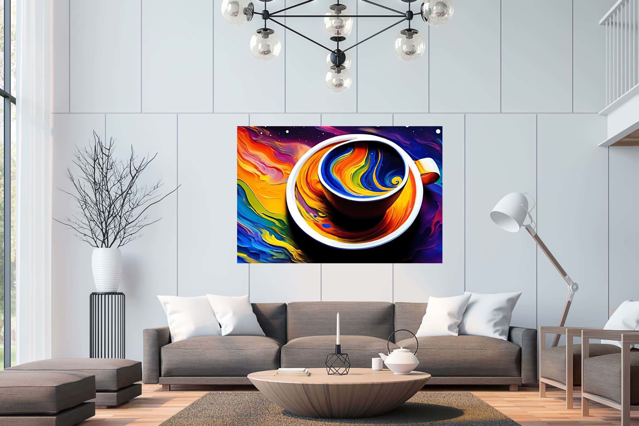 Kaleidoscope brew sonata: Vibrant coffee cup art with vibrant coffee cup photography, in a room with classic elegance, framed art, and stylish accessories. The art can be printed on poster, framed poster, canvas, metal, acrylic or wood, exclusively at WallArtZen. Find this exact print at https://wallartzen.com/waz157