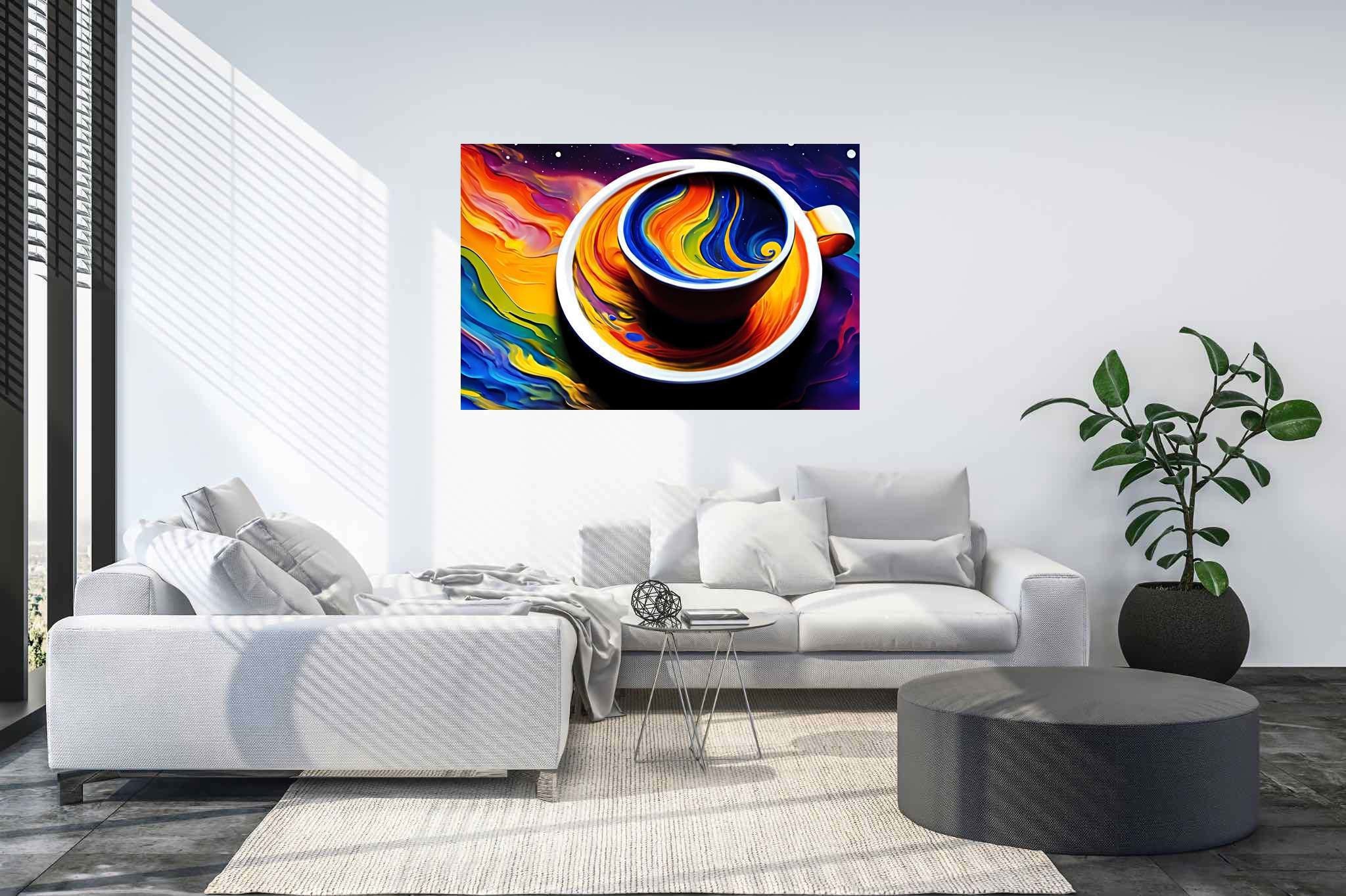 Kaleidoscope brew sonata: Vibrant coffee cup art with lively coffee cup artwork, in a room with contemporary flair, bespoke art designs, and luxe decor. The art can be printed on poster, framed poster, canvas, metal, acrylic or wood, exclusively at WallArtZen. Find this exact print at https://wallartzen.com/waz157