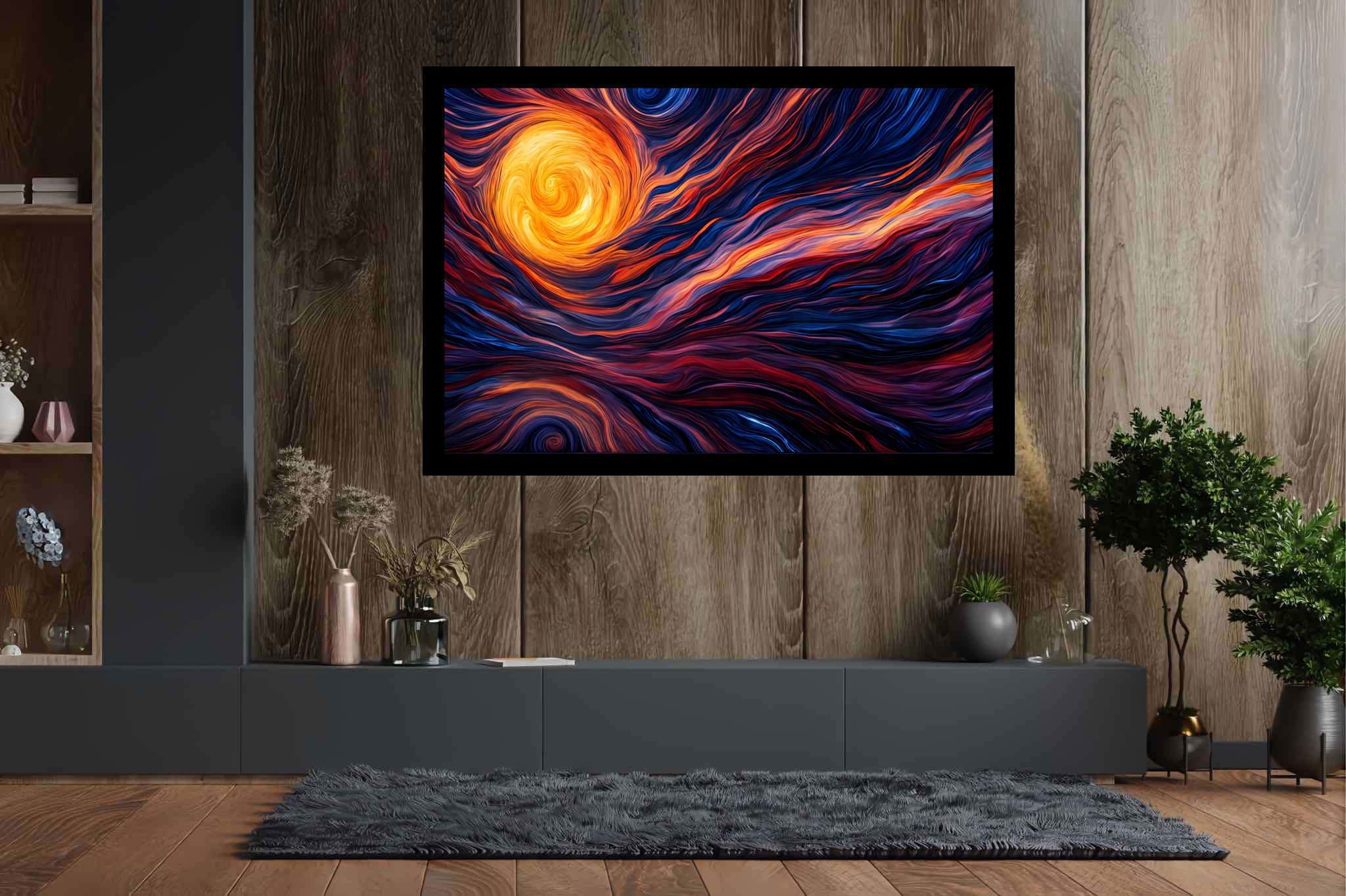 Daybreak enchantment tapestry: Sunset art with ethereal art, in a room with modern style, framed art, and decorative pieces. The art can be printed on poster, framed poster, canvas, metal, acrylic or wood, exclusively at WallArtZen. Find this exact print at https://wallartzen.com/waz158