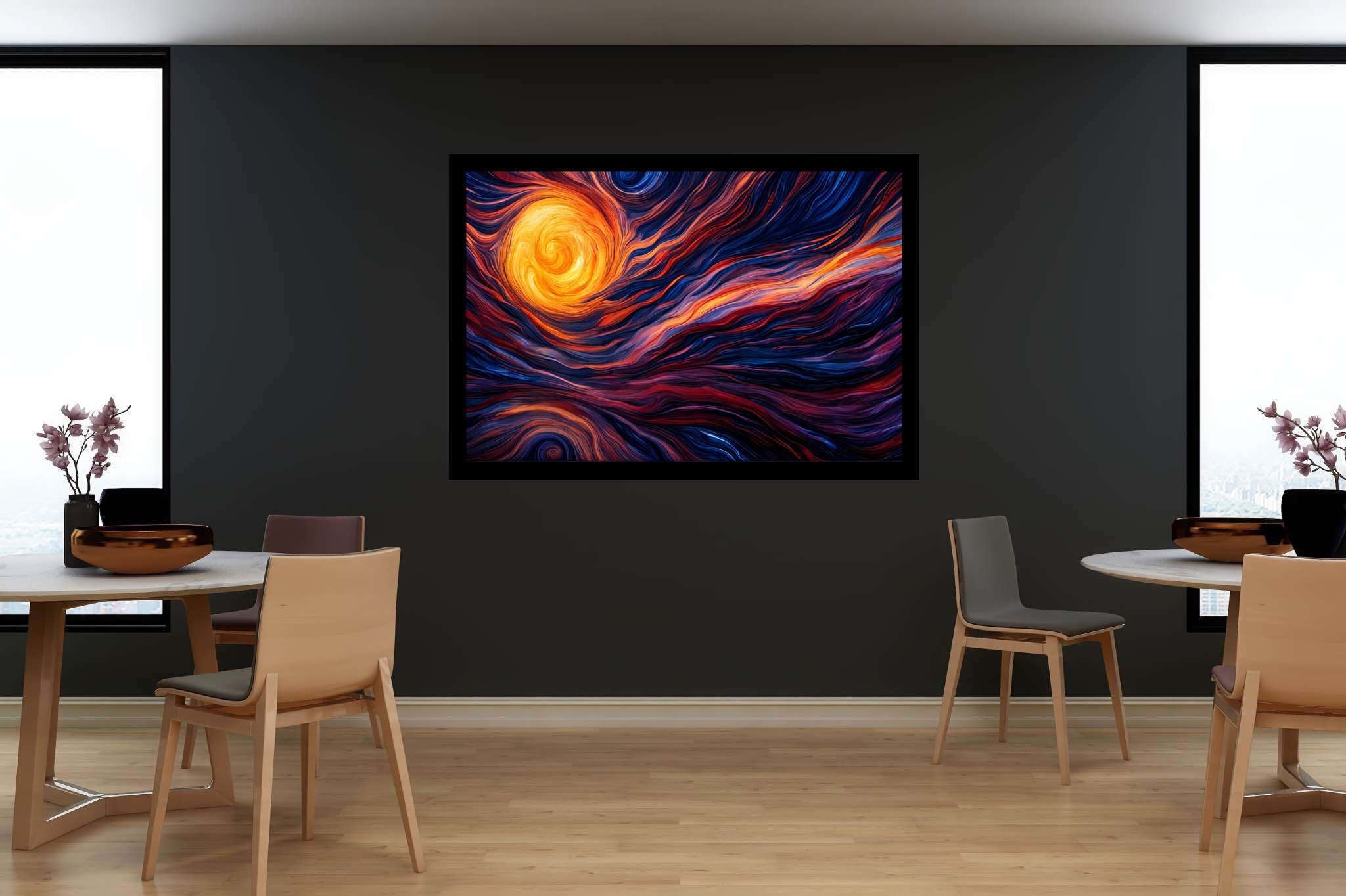 Daybreak enchantment tapestry: Sunset art with celestial art, in a room with innovative layout, mural artworks, and elegant home goods. The art can be printed on poster, framed poster, canvas, metal, acrylic or wood, exclusively at WallArtZen. Find this exact print at https://wallartzen.com/waz158